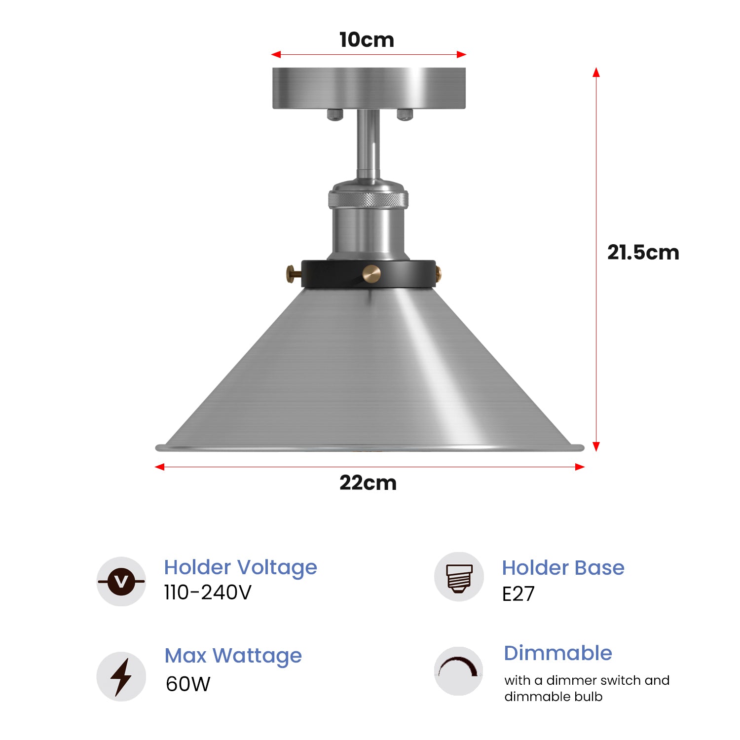 Metal Semi Flush Mount Satin Nickel Cone Shade E27 Ceiling Light Fixture~6005
