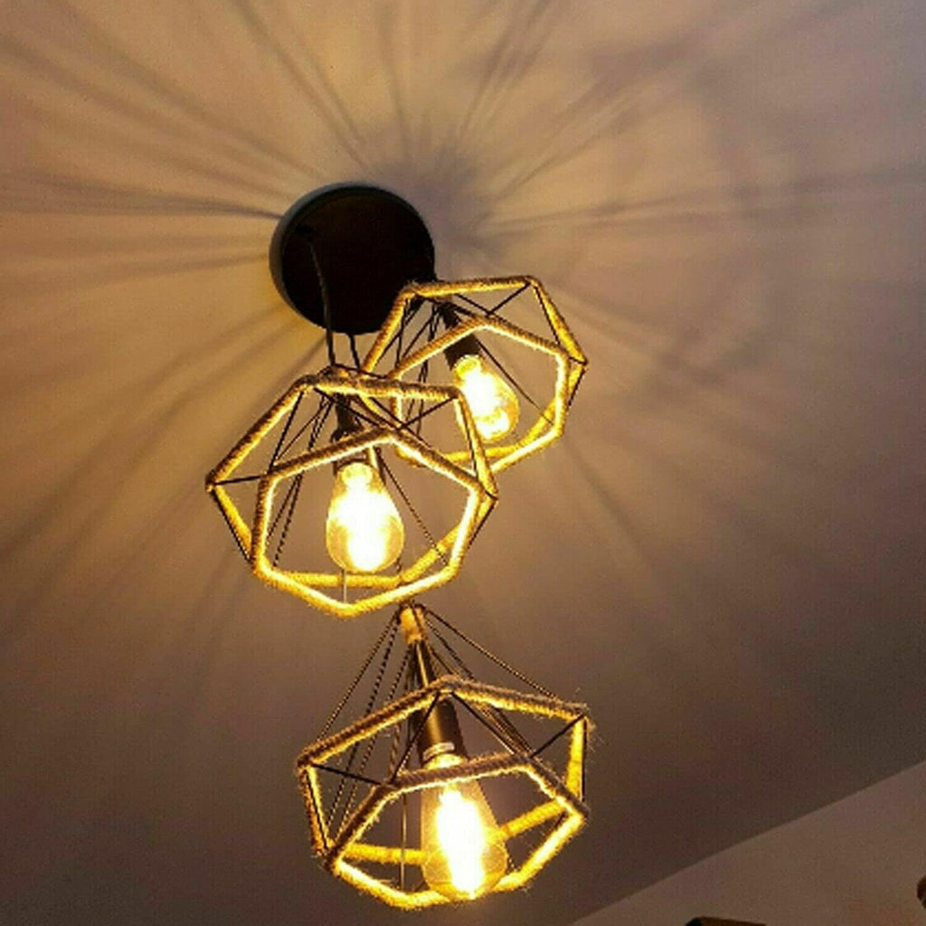 Vintage Industrial Black Metal Hemp Rope 3-Head Pendant Light Fixture