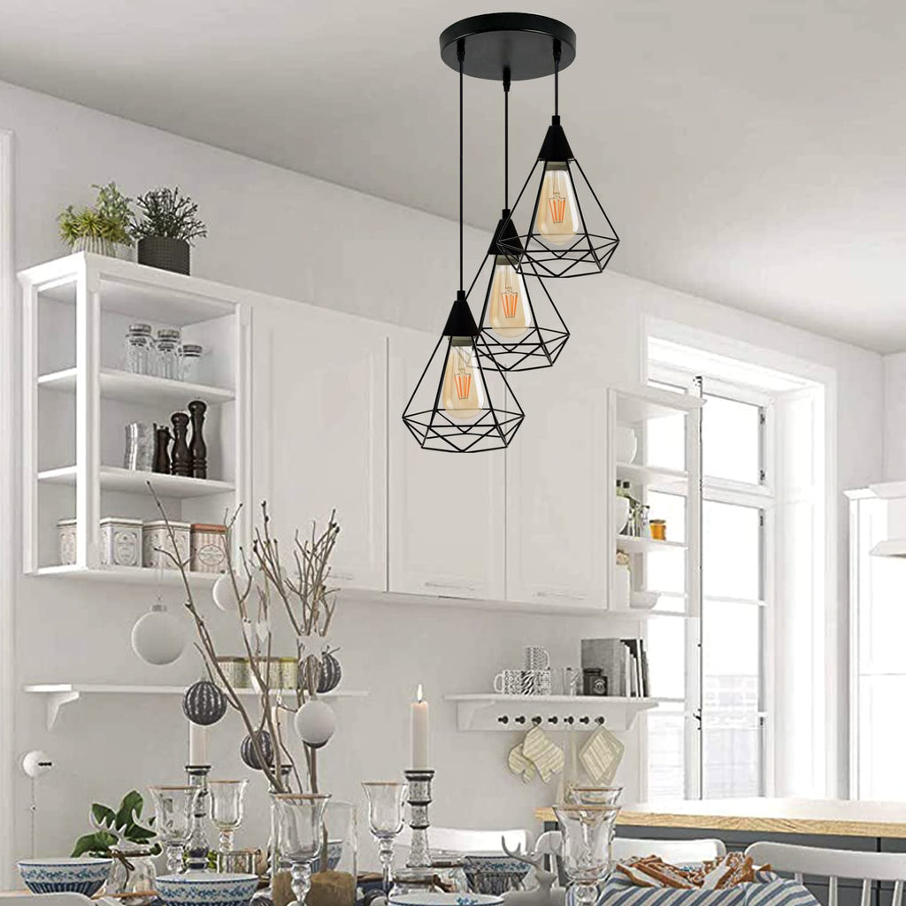 Industrial Metal 3-Head Diamond Cage Ceiling Pendant Lamp Fixture