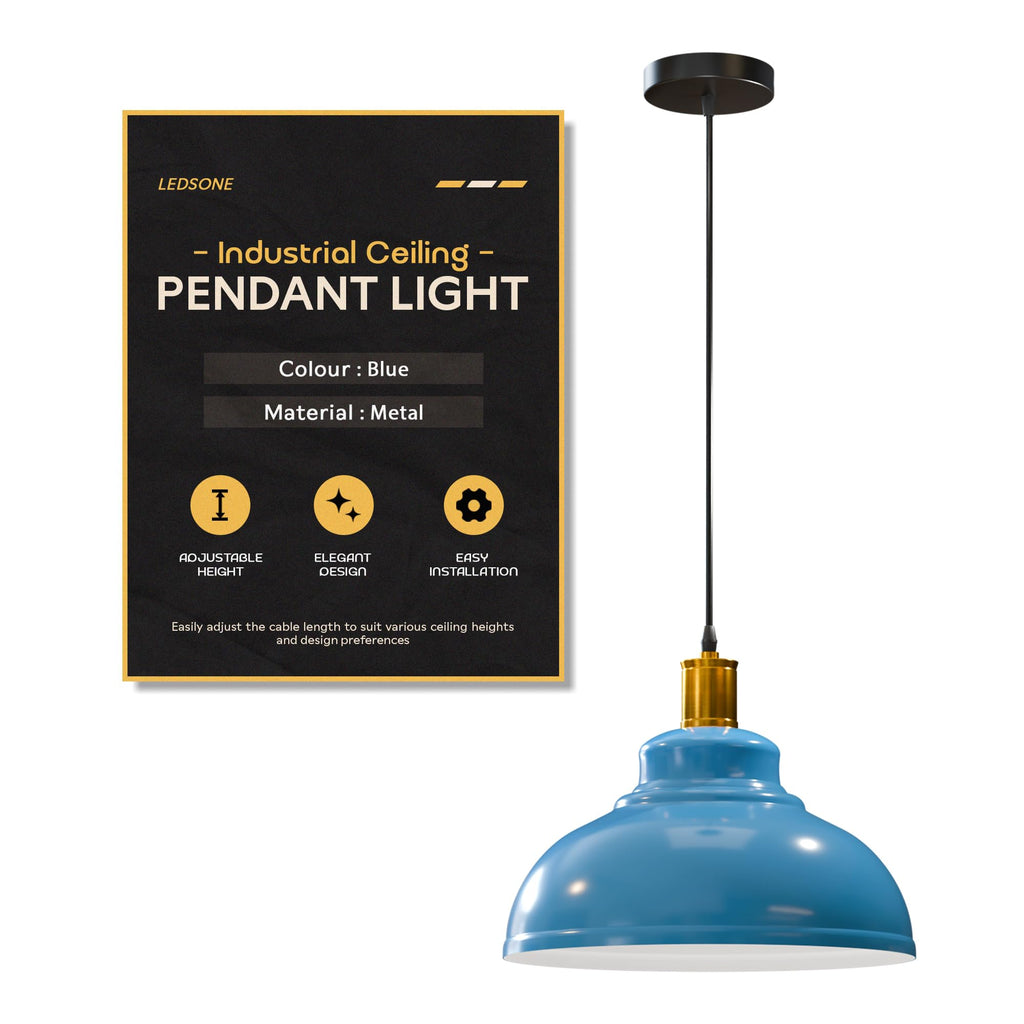 Industrial Metal Dome Pendant Light Fixture, E27 Base, Adjustable Cord, 11-inch