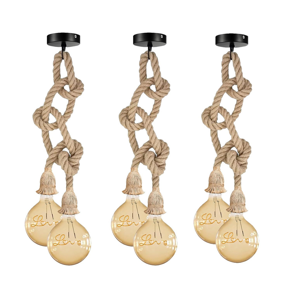 Industrial Retro Hemp Rope LED Pendant Light Fixture, Adjustable Rustic Ceiling Lamp