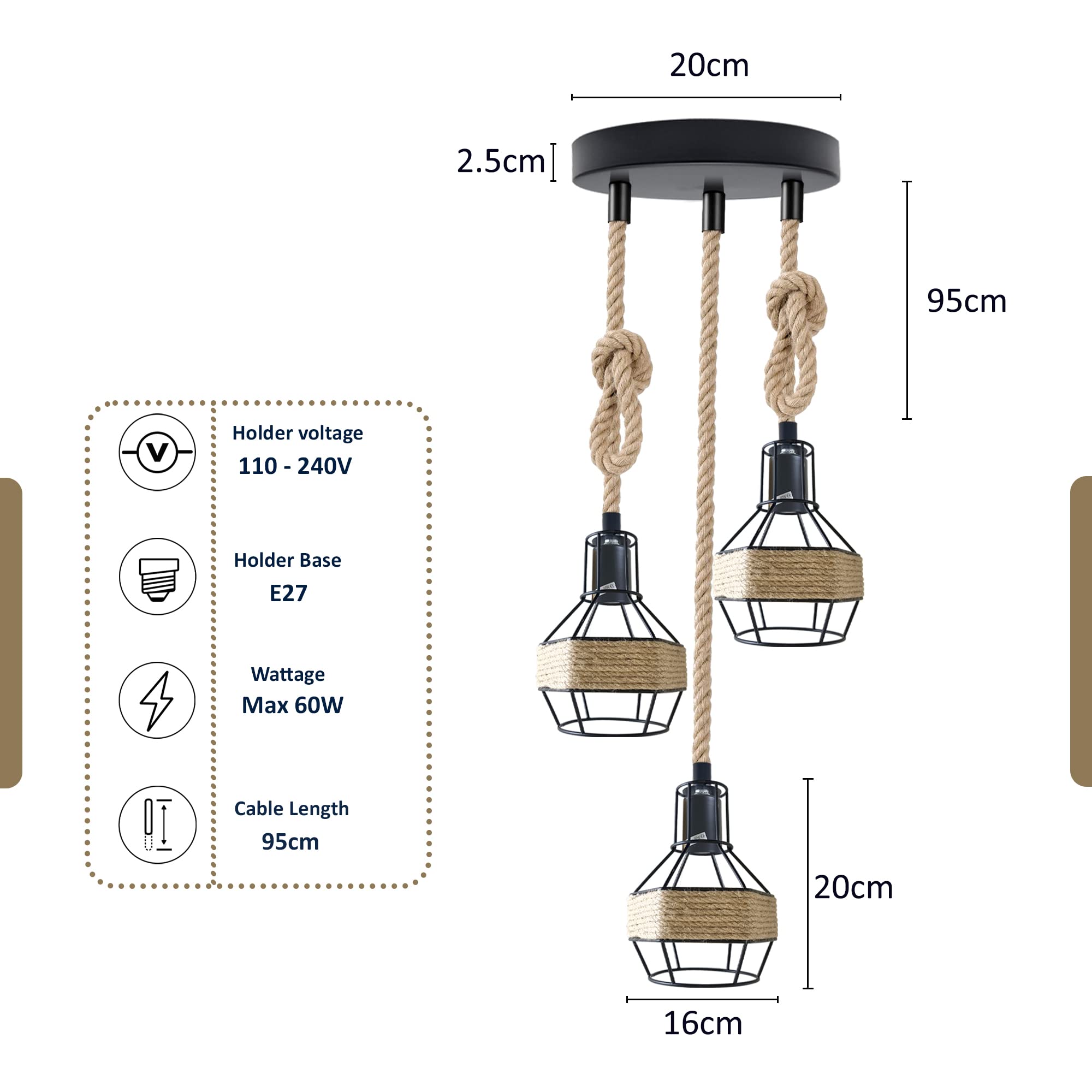 Ceiling Pendant Light Metal Hemp Rope Style ~6203