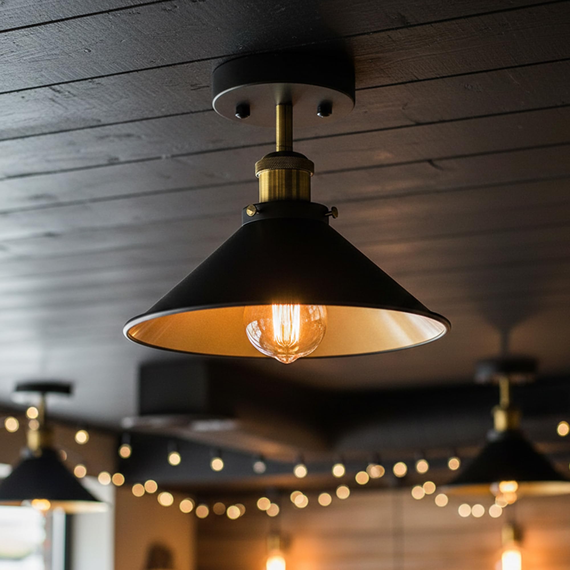 Black Industrial Metal Flush Mount Cone Ceiling Light Fitting