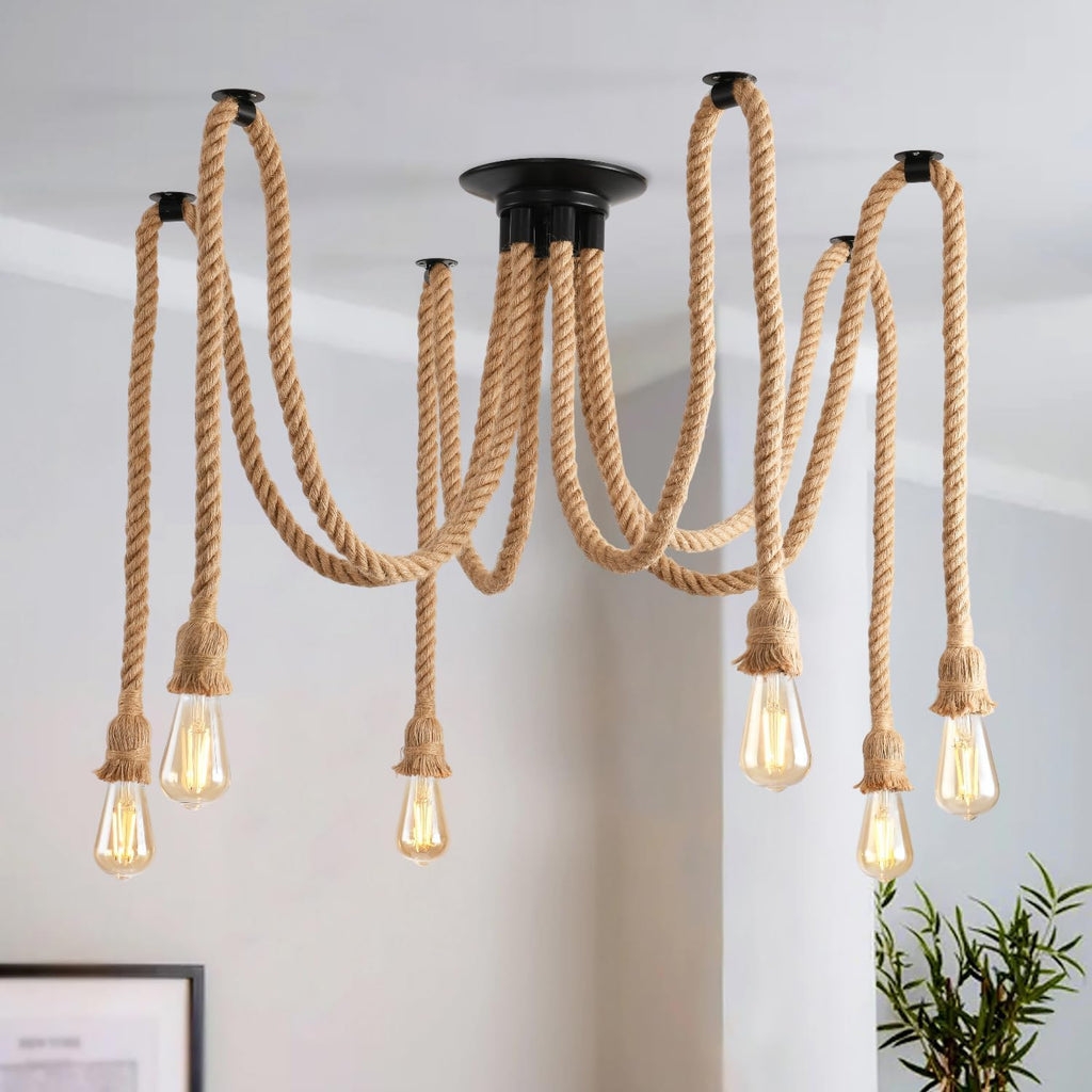 Industrial LED Spider Pendant Light, Adjustable Hemp Rope Cage Design