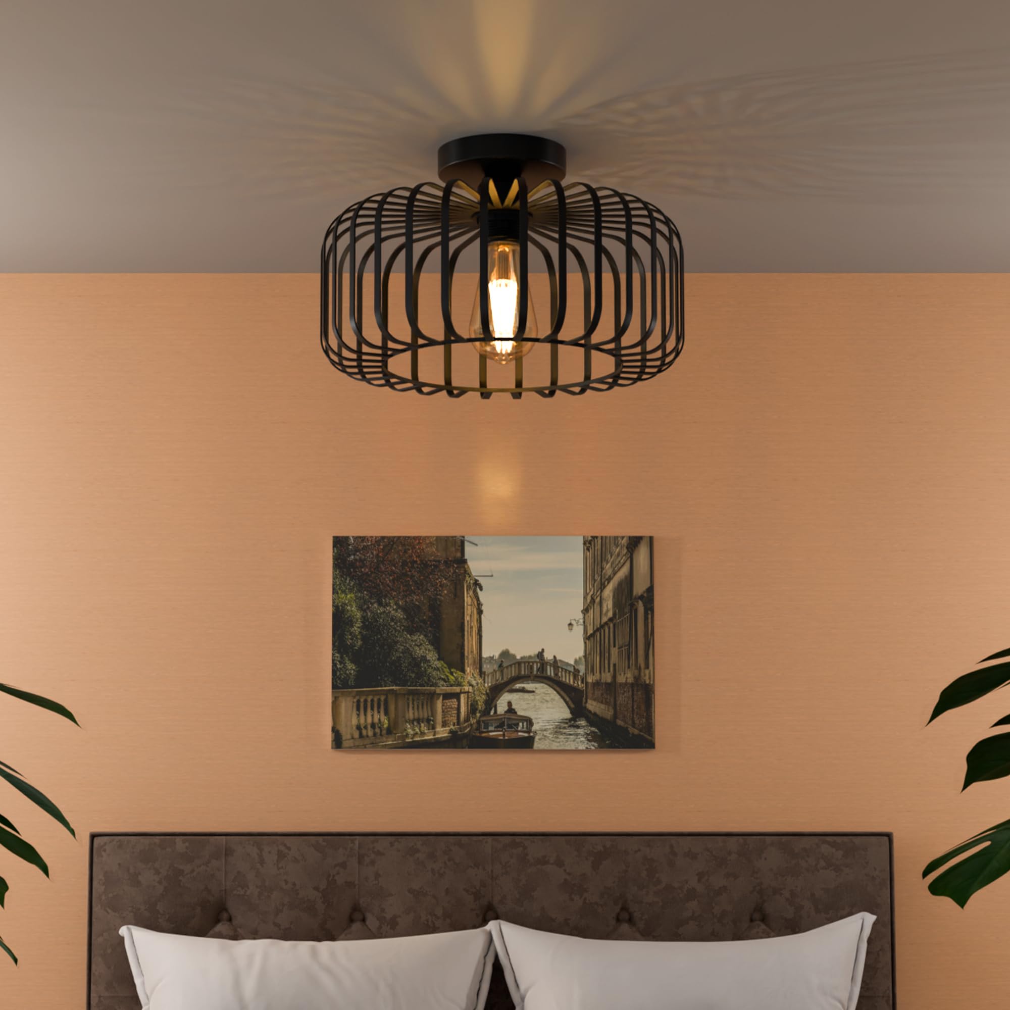 Modern Industrial Black Metal Cage Flush Mount Ceiling Light Fixture E27 Bulb