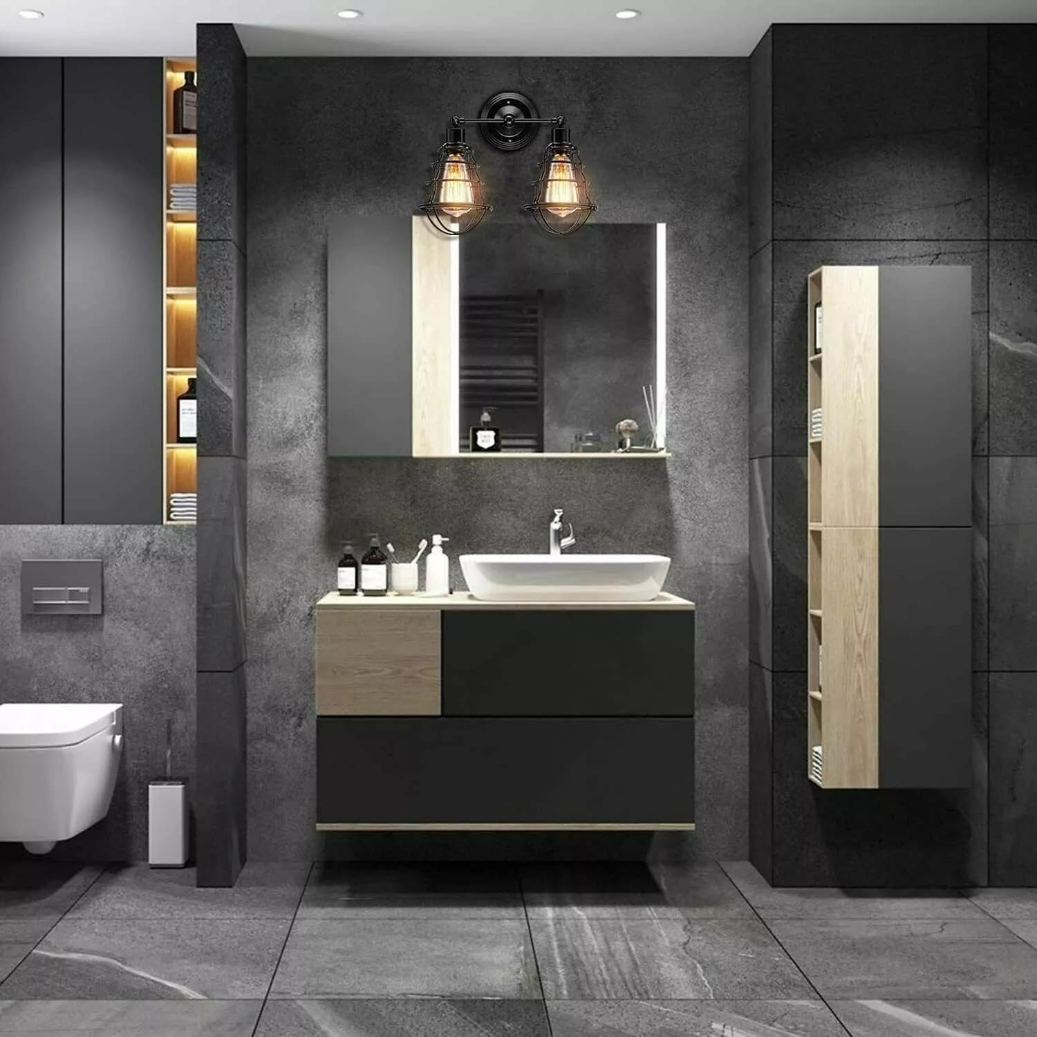 Industrial Double Wall Sconce Vintage Style Black Finish Cage Shades Wall Mount~6357