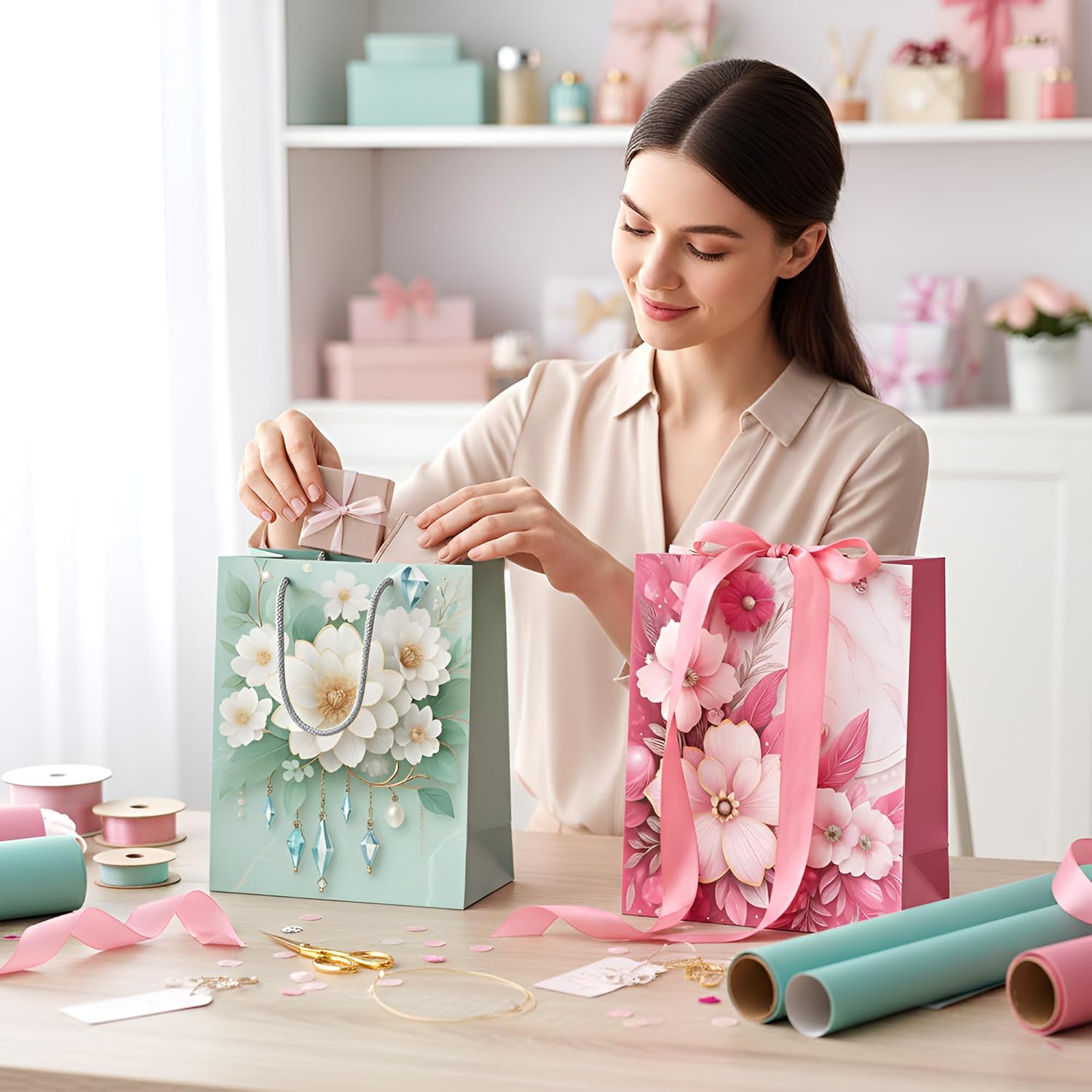 Premium Floral Gift Bags, 12-Pack Assorted Sizes, Matte Finish, Durable Handles