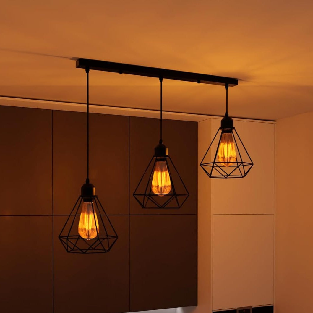 Industrial Black 3-Light Diamond Cage Ceiling Pendant Fixture for Modern Homes