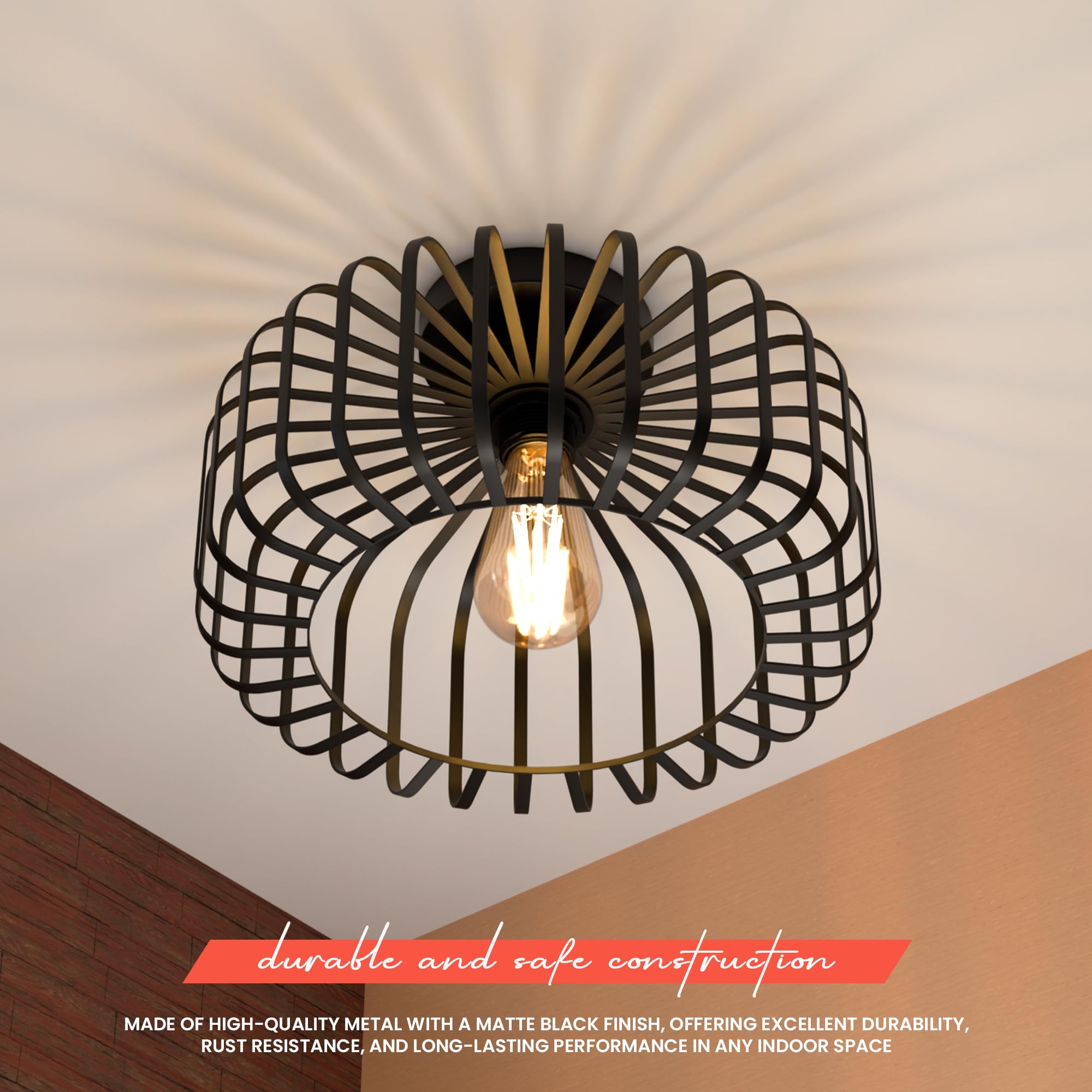 Modern Industrial Black Metal Cage Flush Mount Ceiling Light Fixture E27 Bulb