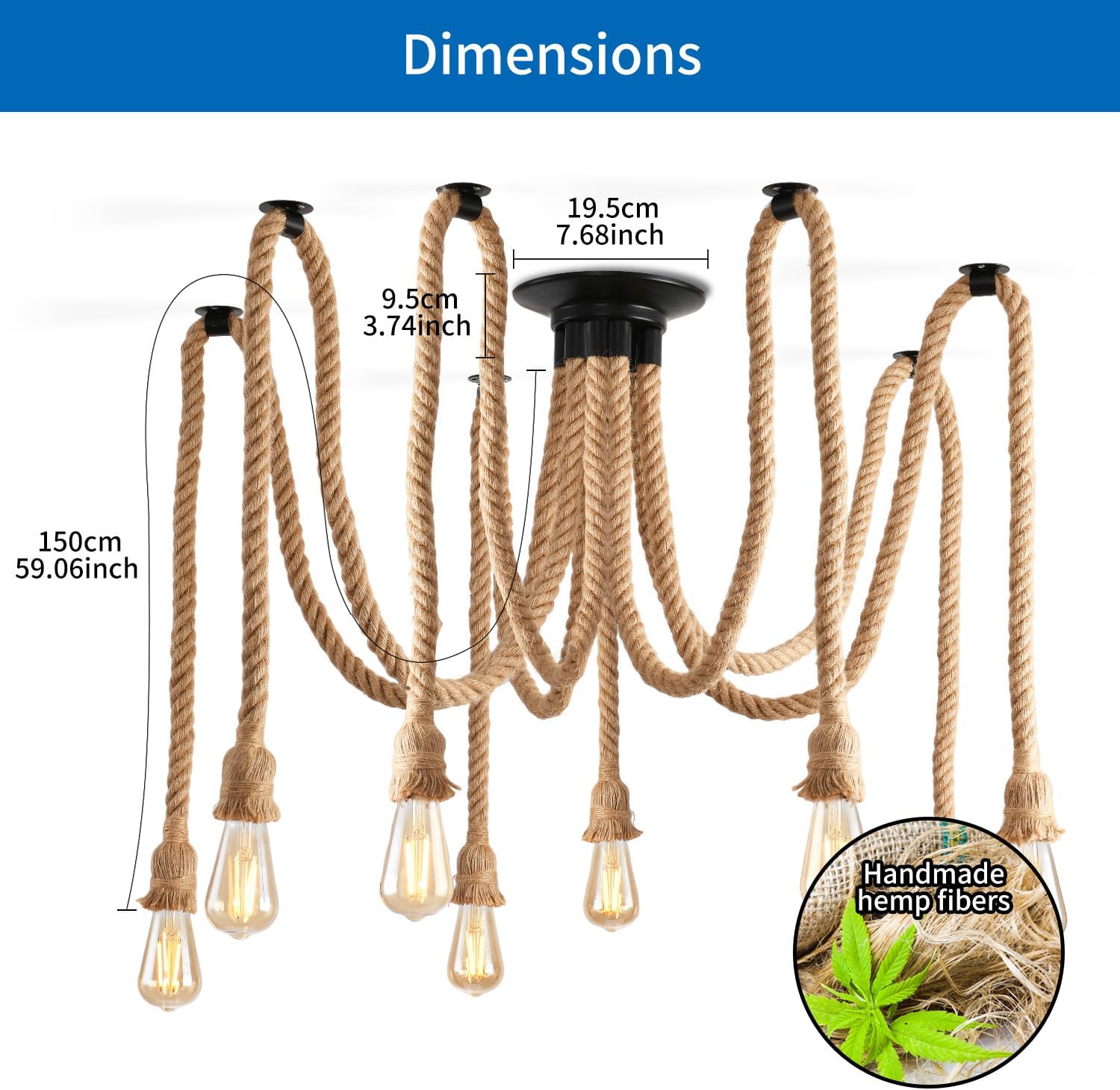Industrial LED Spider Pendant Light, Adjustable Hemp Rope Cage Design