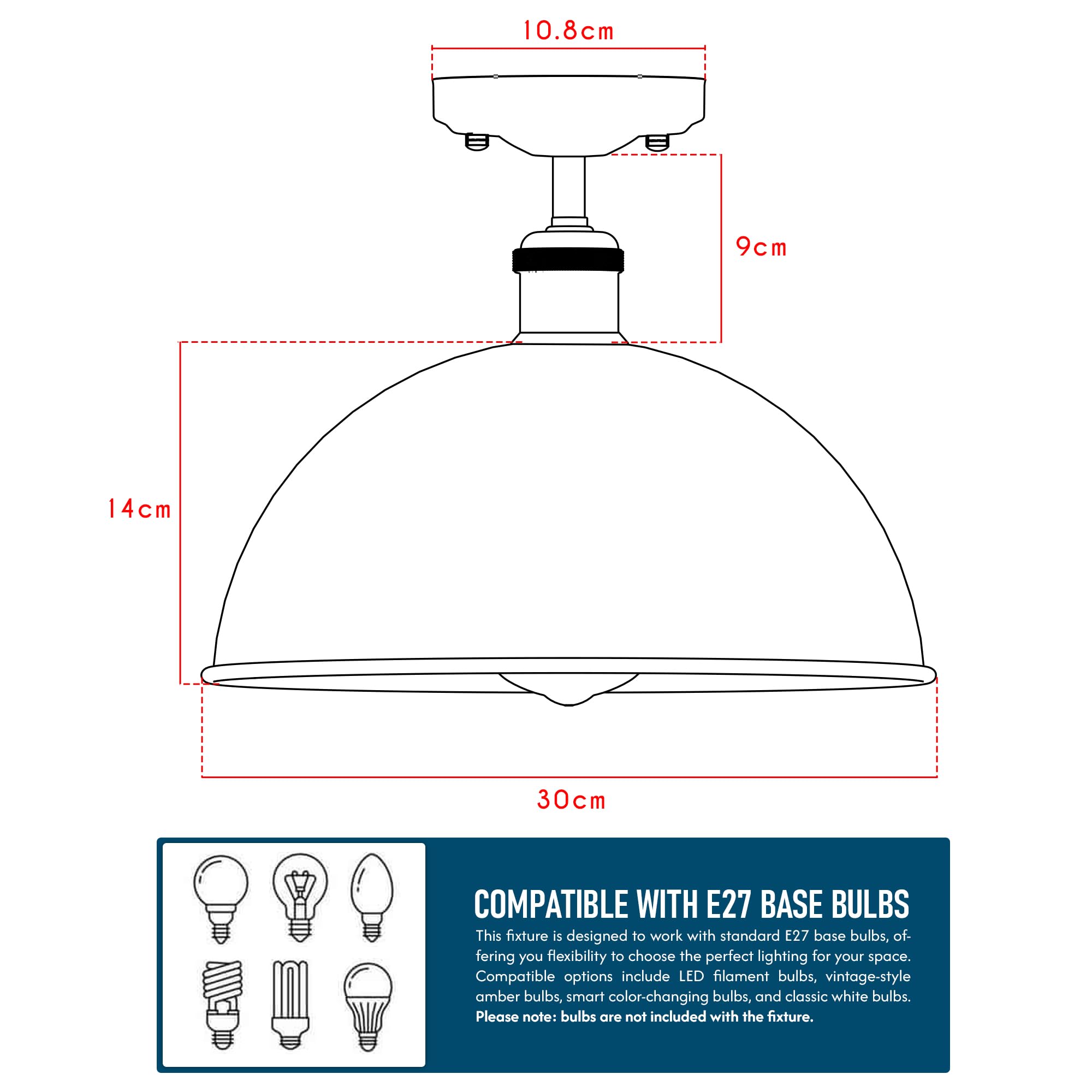 Industrial Metal Dome Semi Flush Ceiling Light Fixture for Low Ceilings
