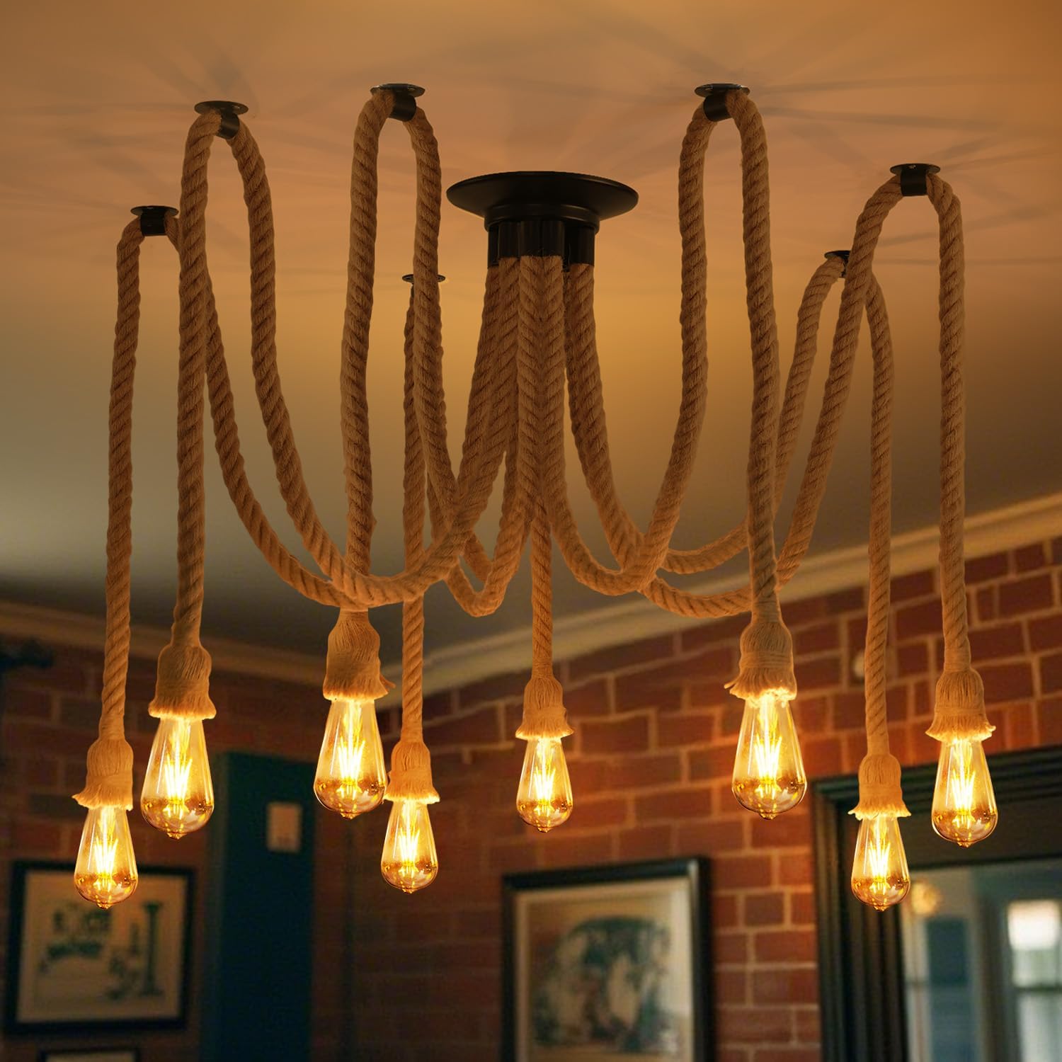 Industrial LED Spider Pendant Light, Adjustable Hemp Rope Cage Design