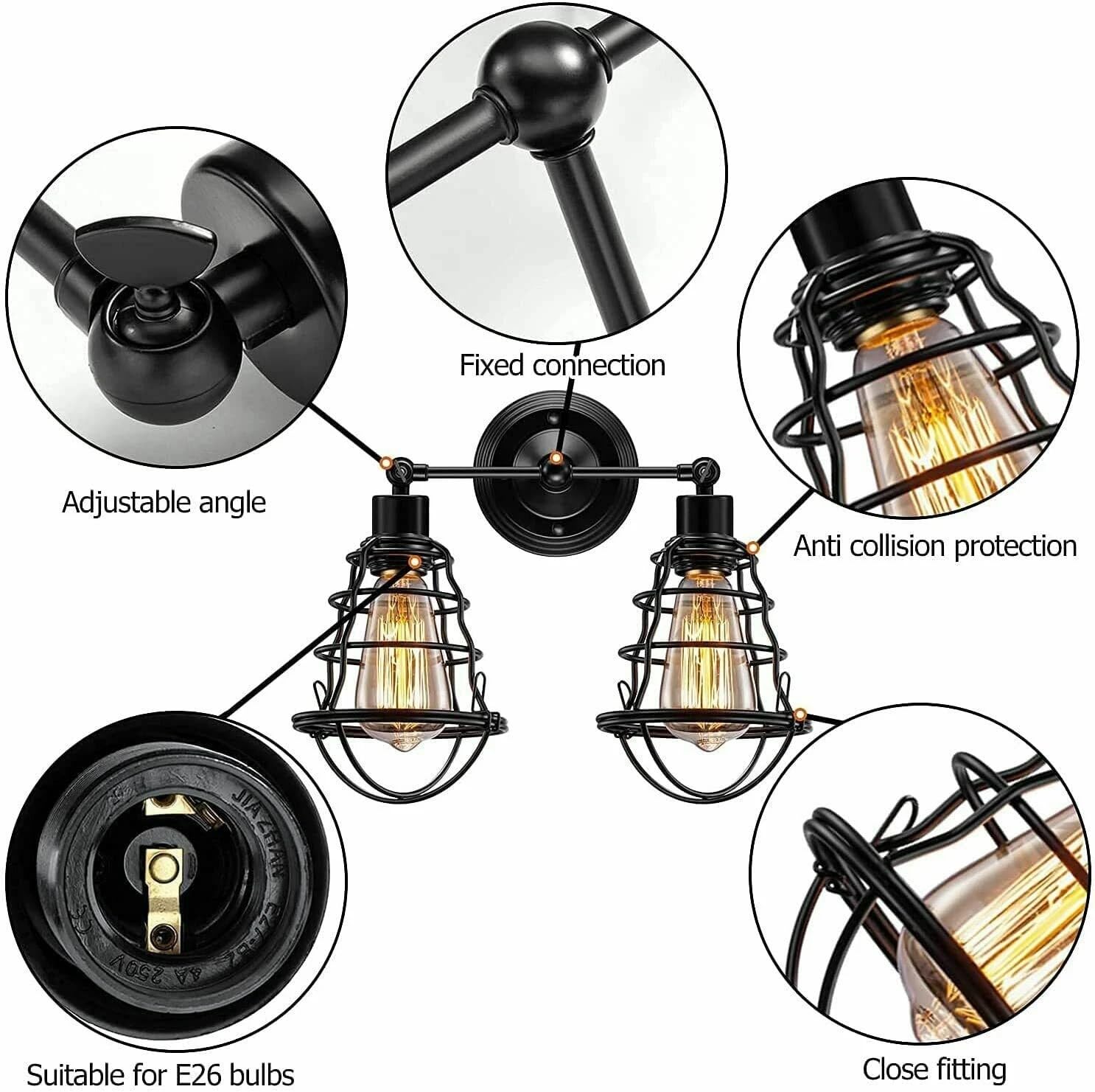 Vintage Industrial Double Wall Sconce Black Metal Cage Light Fixture E27
