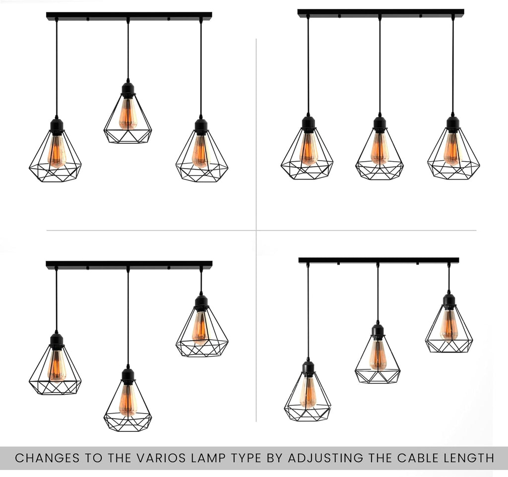 Black Industrial 3-Light Cage Pendant Ceiling Fixture - Adjustable Vintage Style Home Lighting