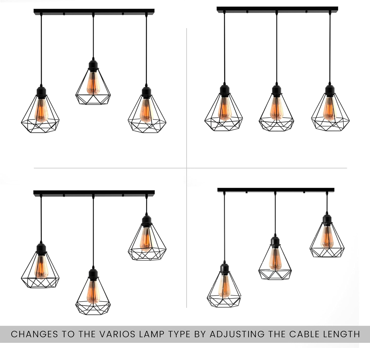 Industrial Black 3-Light Diamond Wire Cage Pendant Ceiling Fixture
