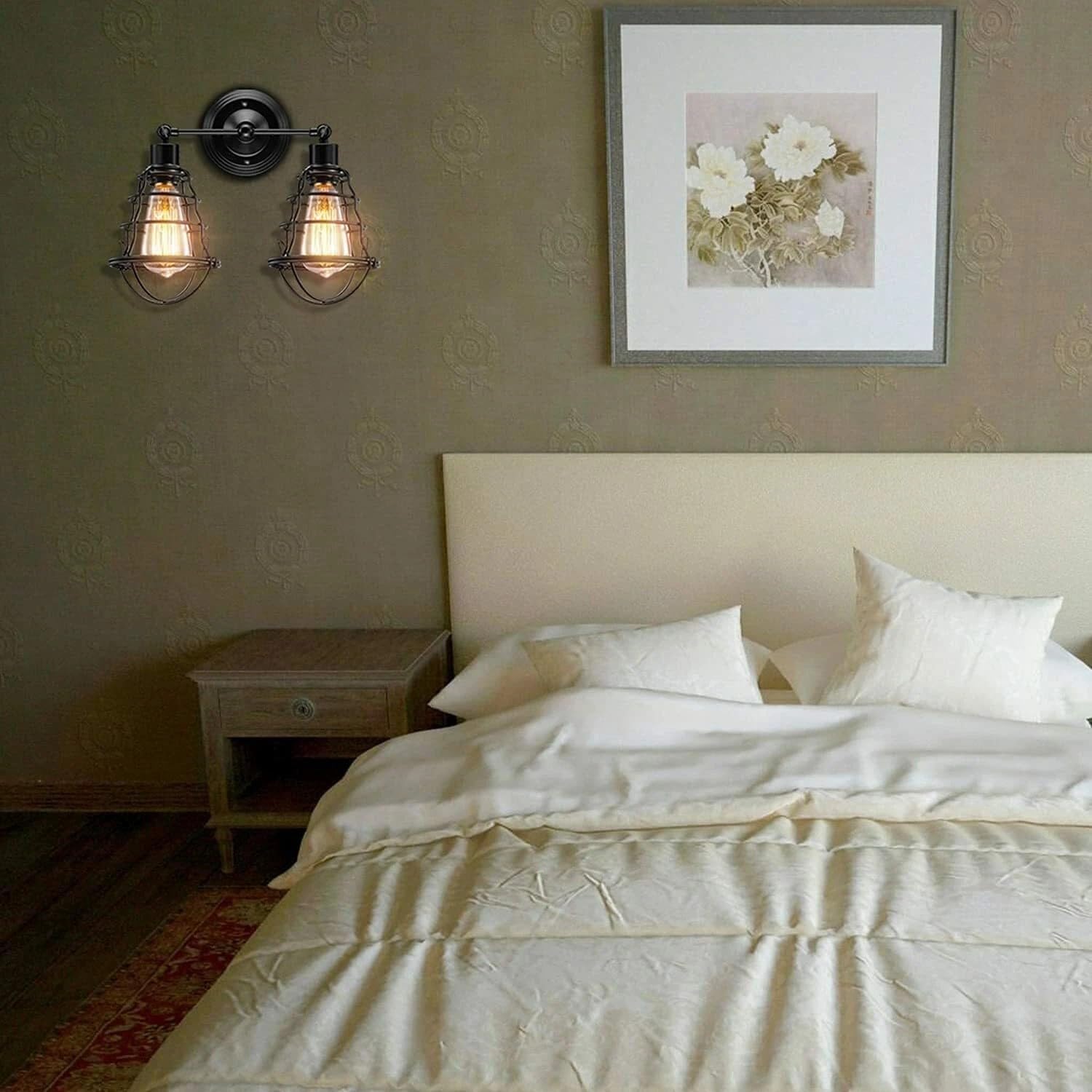 Industrial Double Wall Sconce Vintage Style Black Finish Cage Shades Wall Mount~6357