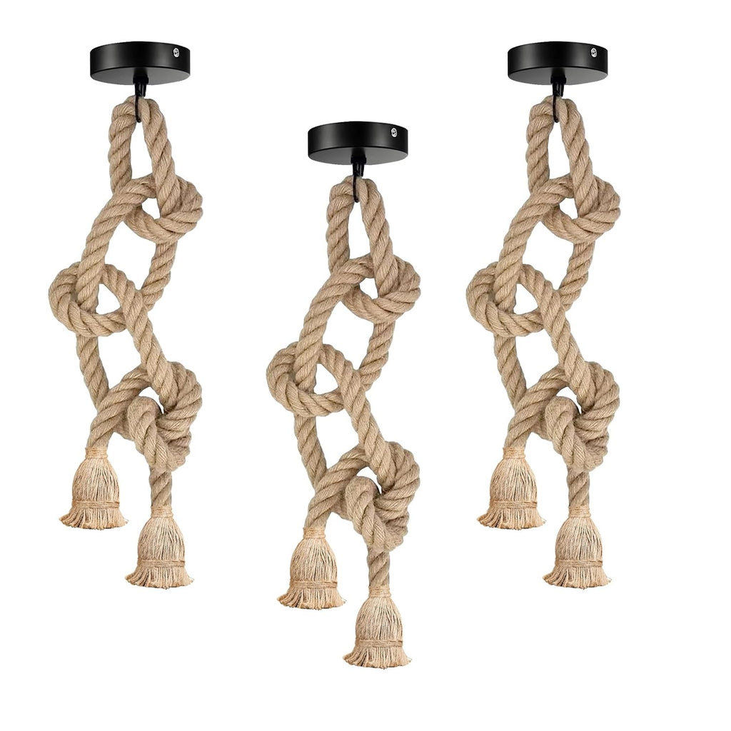 Industrial Retro Hemp Rope LED Pendant Light Fixture, Adjustable Rustic Ceiling Lamp