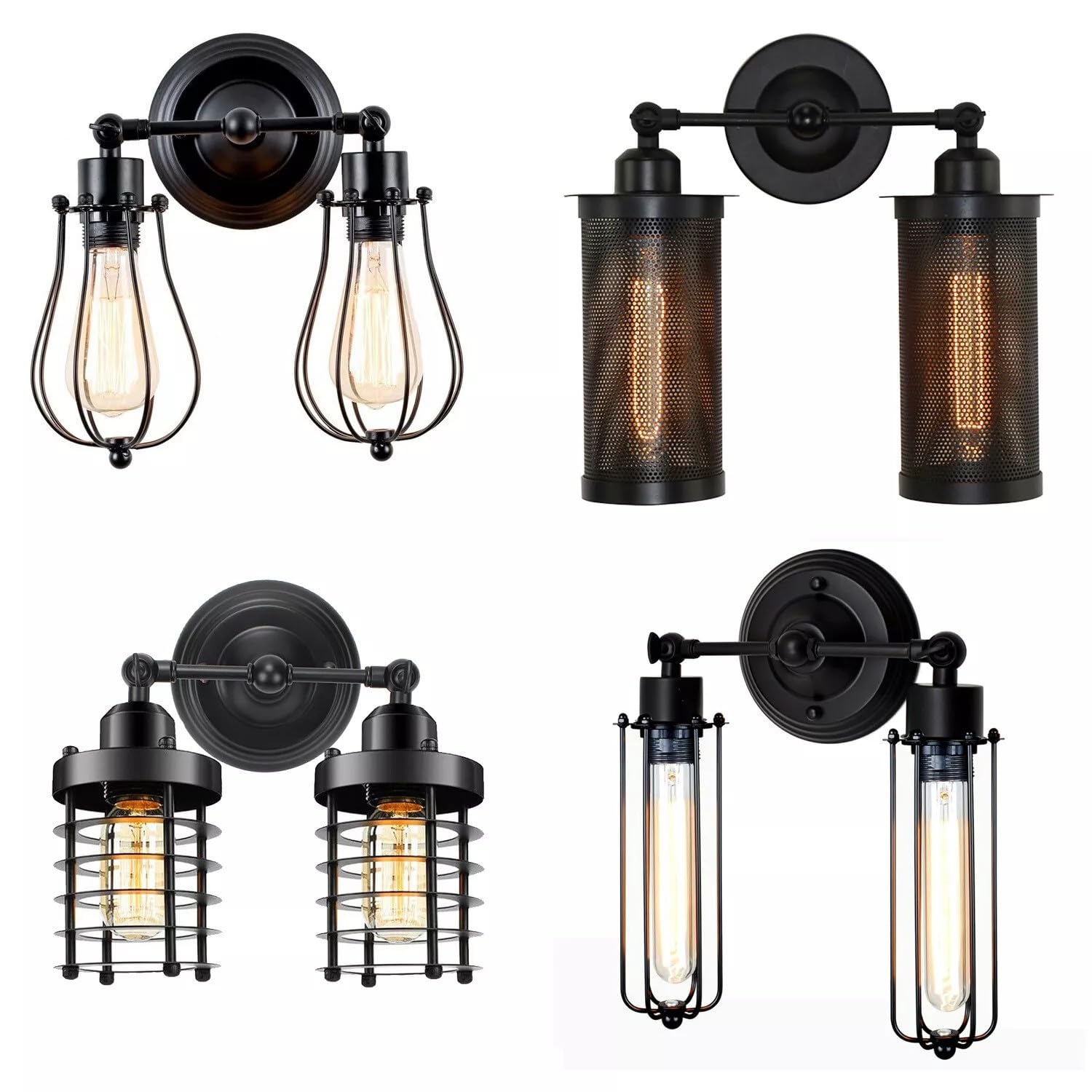 Vintage Industrial Double Wall Sconce Black Metal Cage Light Fixture E27
