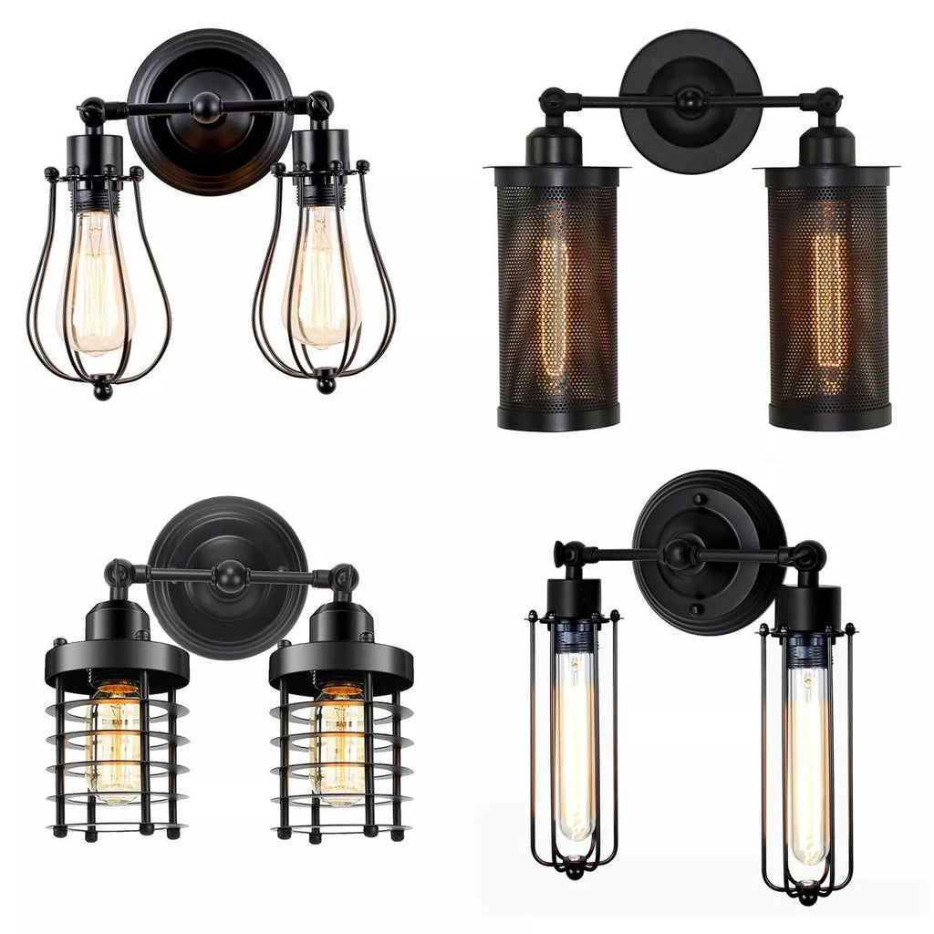 Vintage Industrial Double Wall Sconce Black Metal Cage Light Fixture E27
