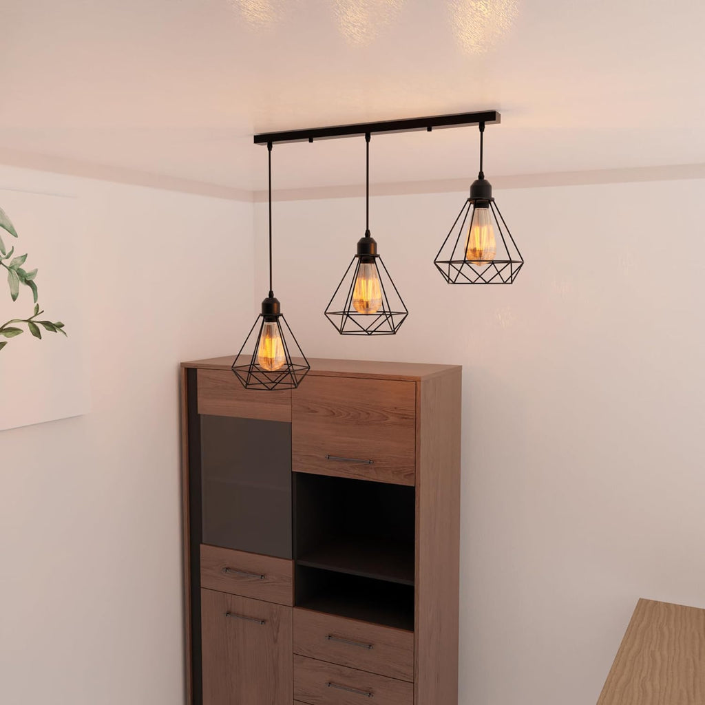Industrial Black 3-Light Diamond Cage Ceiling Pendant Fixture for Modern Homes