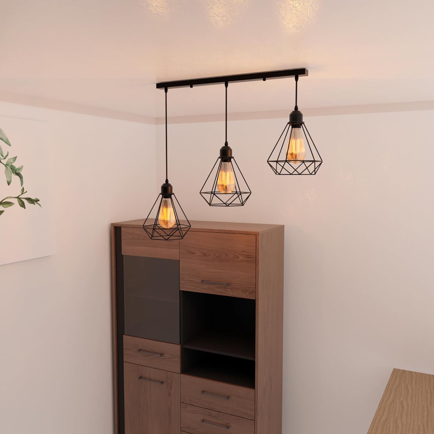 Industrial Black 3-Light Diamond Wire Cage Pendant Ceiling Fixture