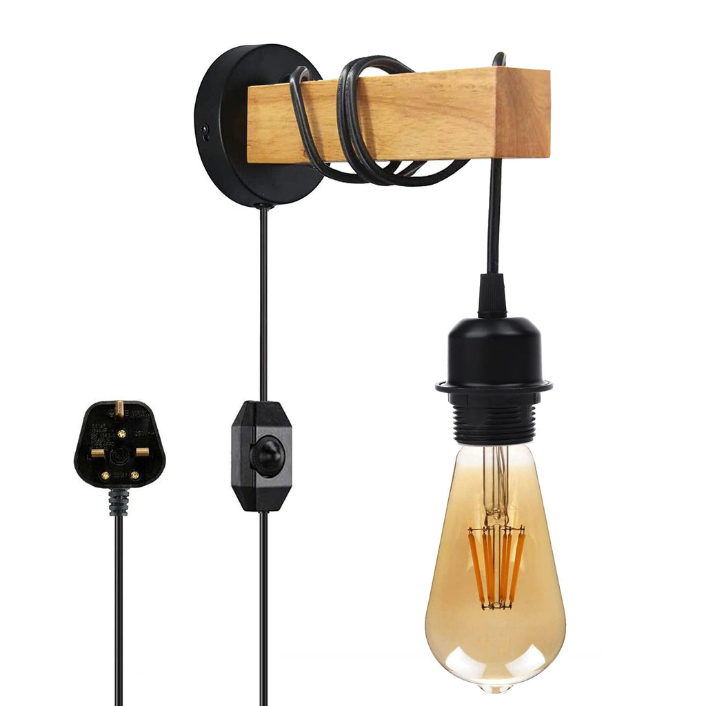 Dimmable Industrial Plug-In Wall Light: Real Wood Shelf, Metal Pipe Design