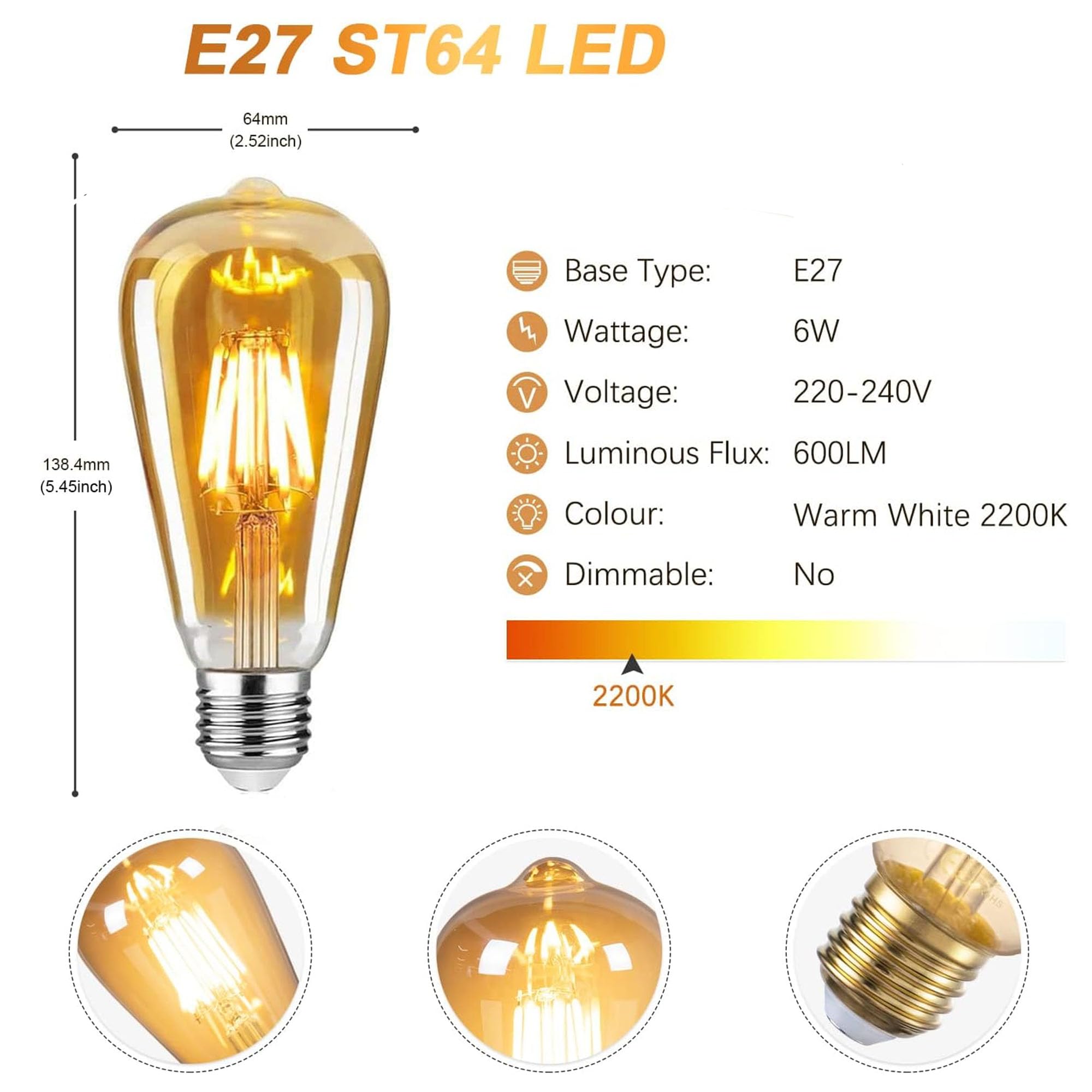 Vintage Dimmable LED Edison Bulb, ST64 E27, Warm Amber Glow Light