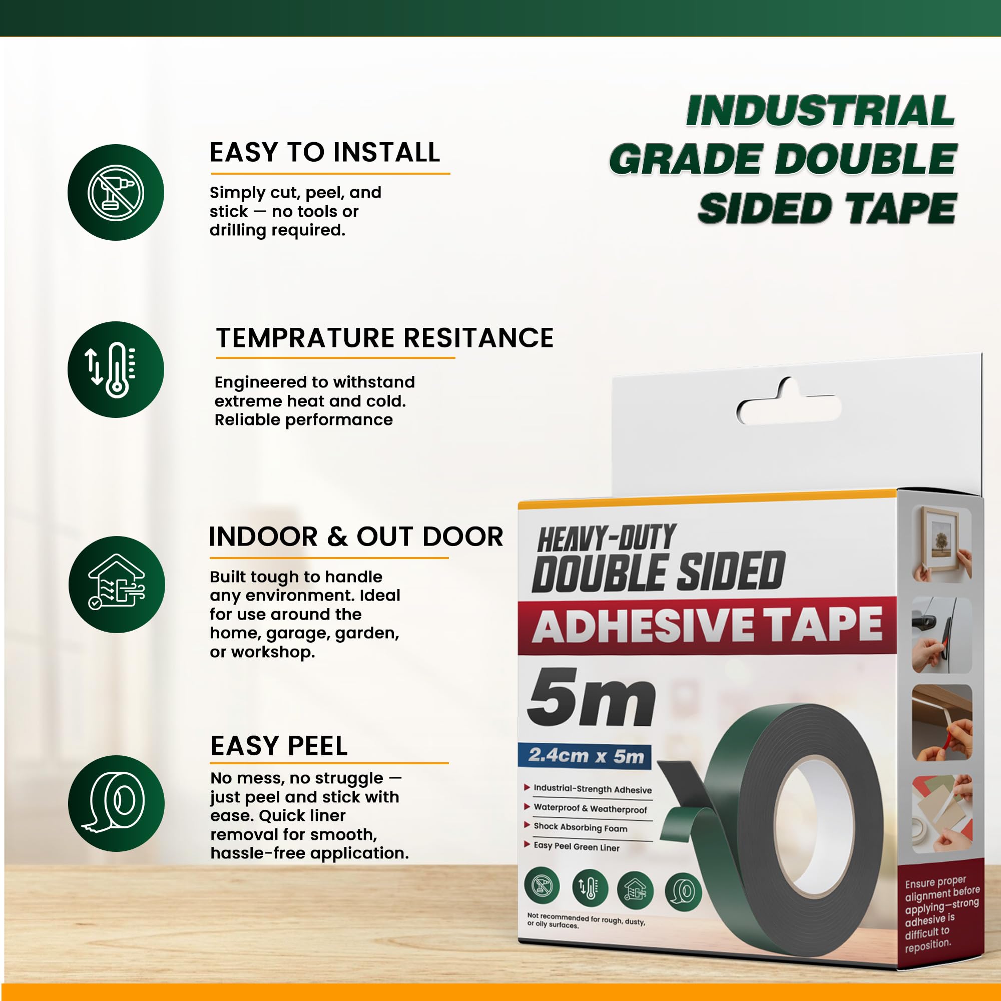 LEDSone Black 2.4cm x 5m Heavy Duty Waterproof Double Sided Tape ~6257