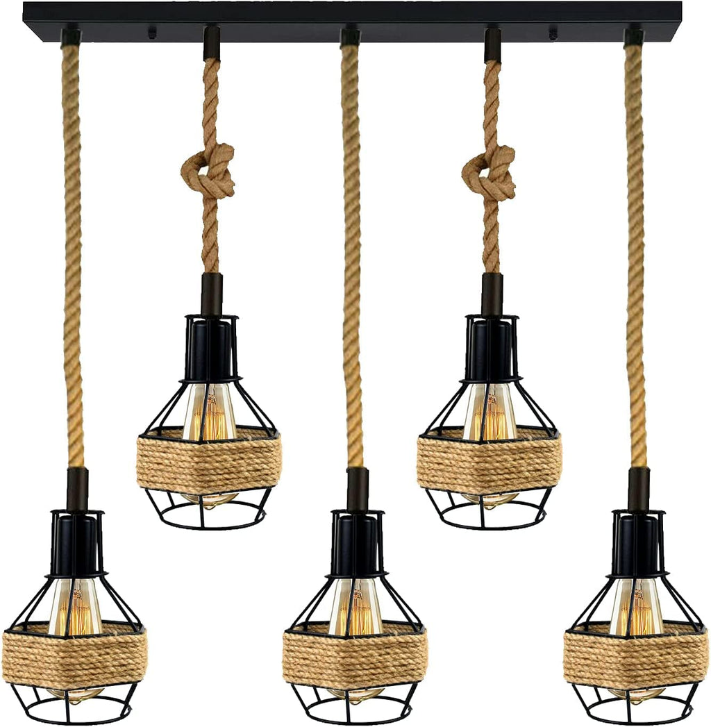 Retro Industrial Metal Hemp Rope Ceiling Pendant Light Fixture for Kitchen Dining