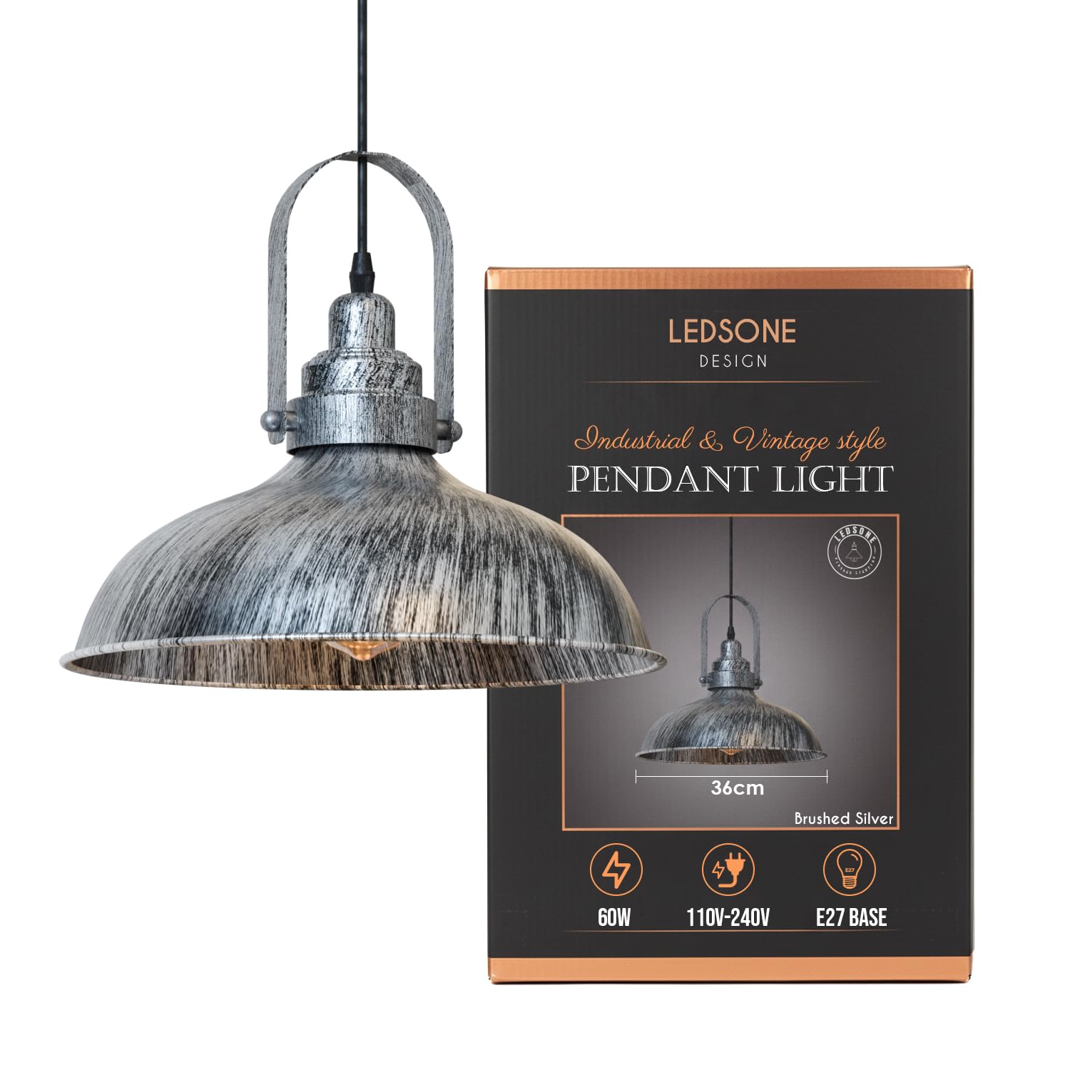Brushed Silver Metal Vintage Industrial Ceiling Pendant Light Shade Fixture