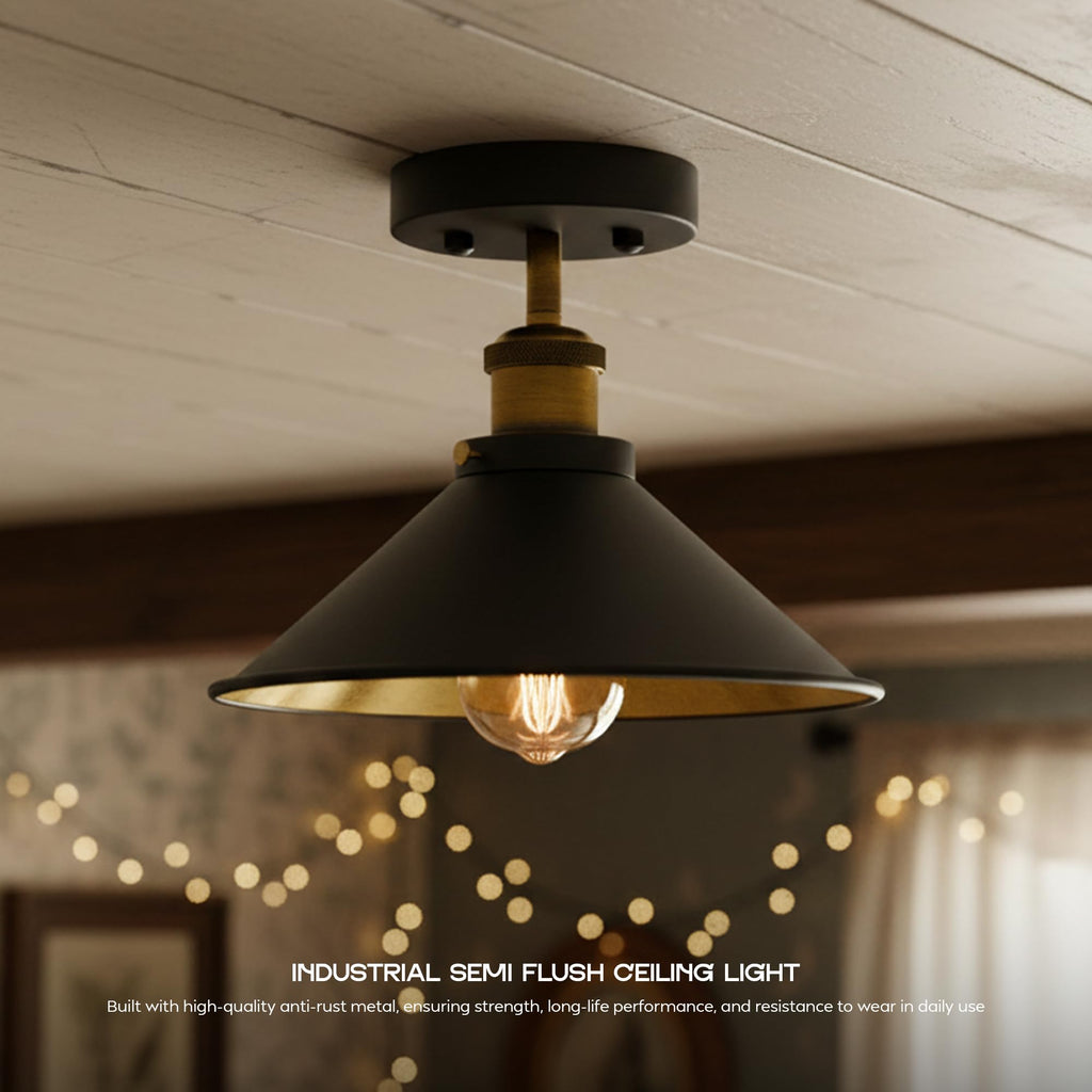 Black Industrial Metal Flush Mount Cone Ceiling Light Fitting