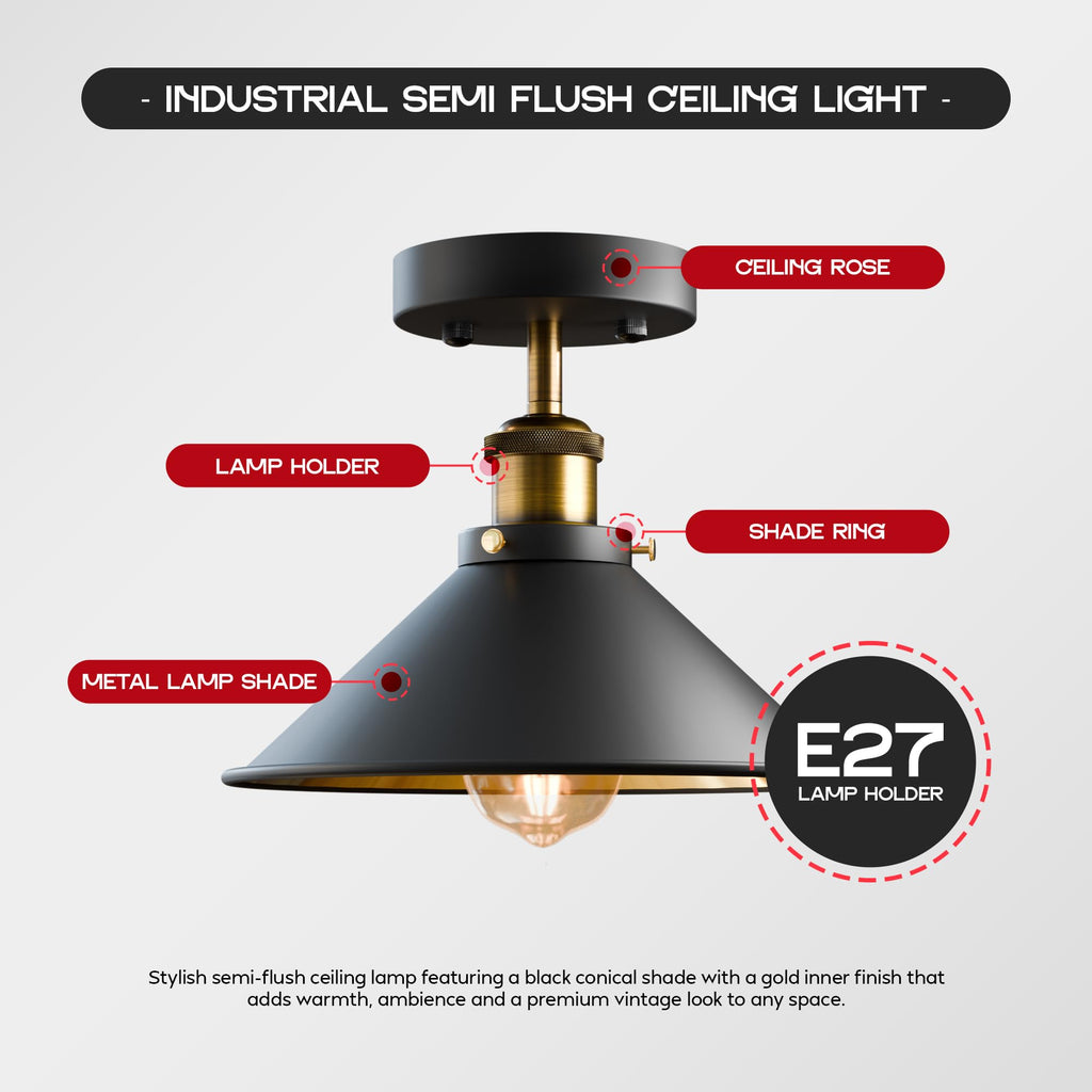 Black Industrial Metal Flush Mount Cone Ceiling Light Fitting