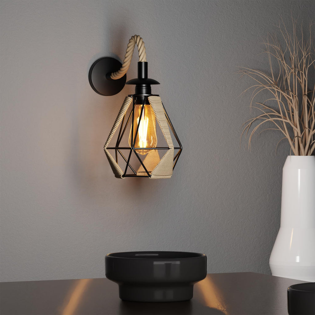 Retro Hemp Rope Wall Sconce | Rustic E27 Metal Shade ~6308