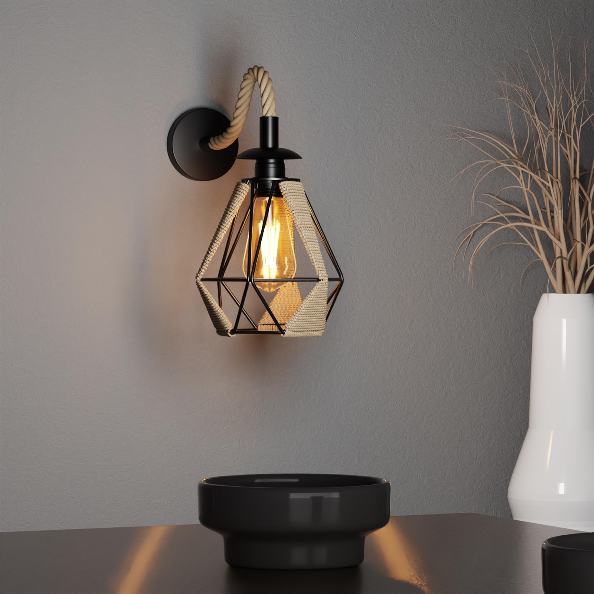 Retro Hemp Rope Wall Sconce | Rustic E27 Metal Shade ~6308