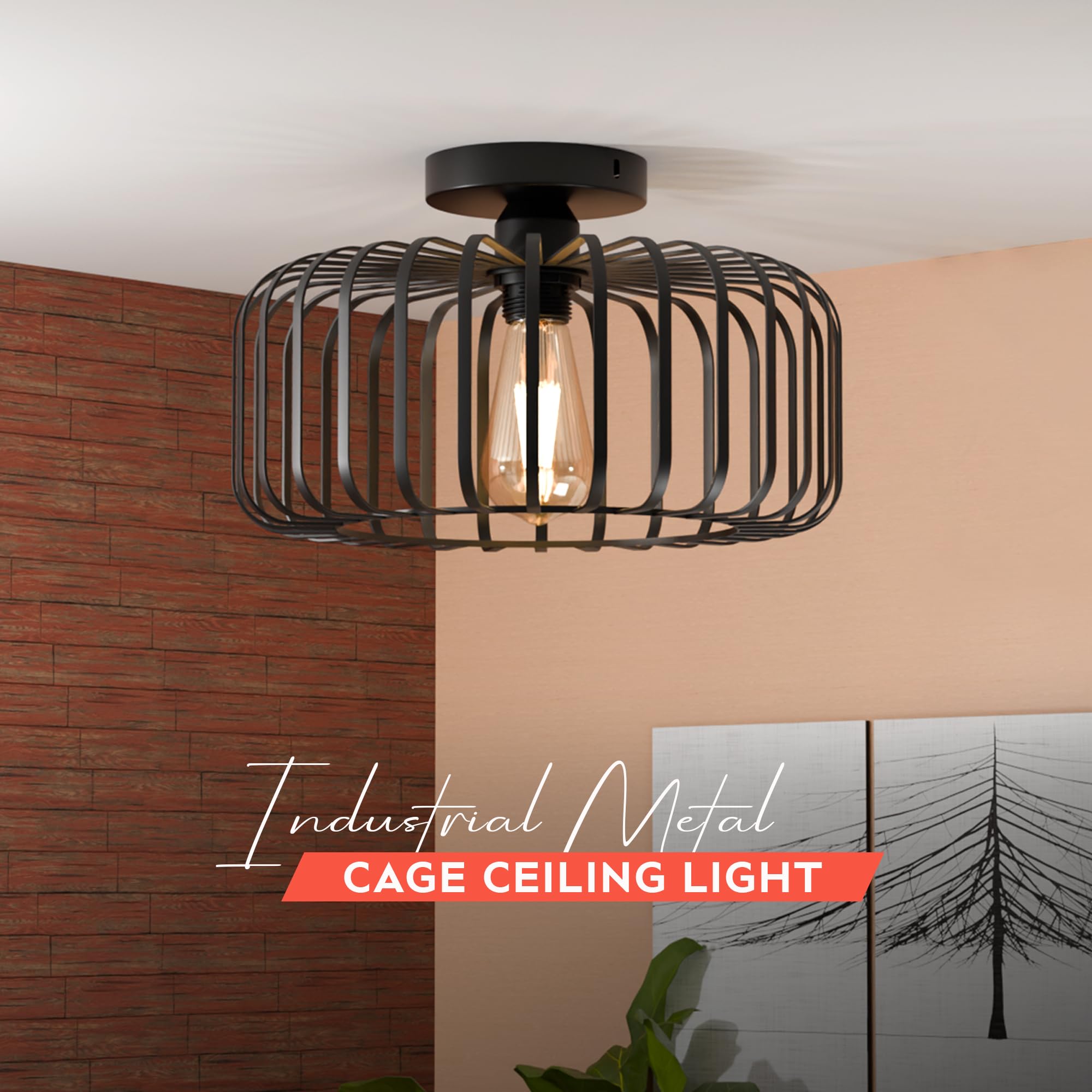 Modern Industrial Black Metal Cage Flush Mount Ceiling Light Fixture E27 Bulb