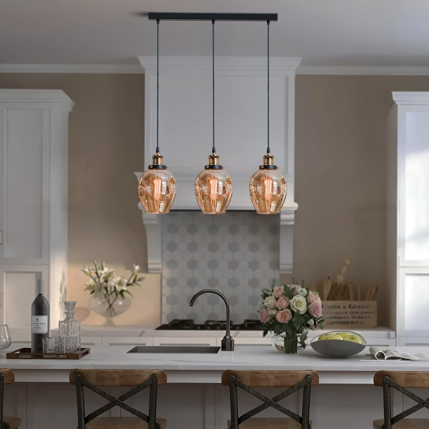 Industrial Retro Loft Style 3-Way Glass Ceiling Pendant Light Fixture