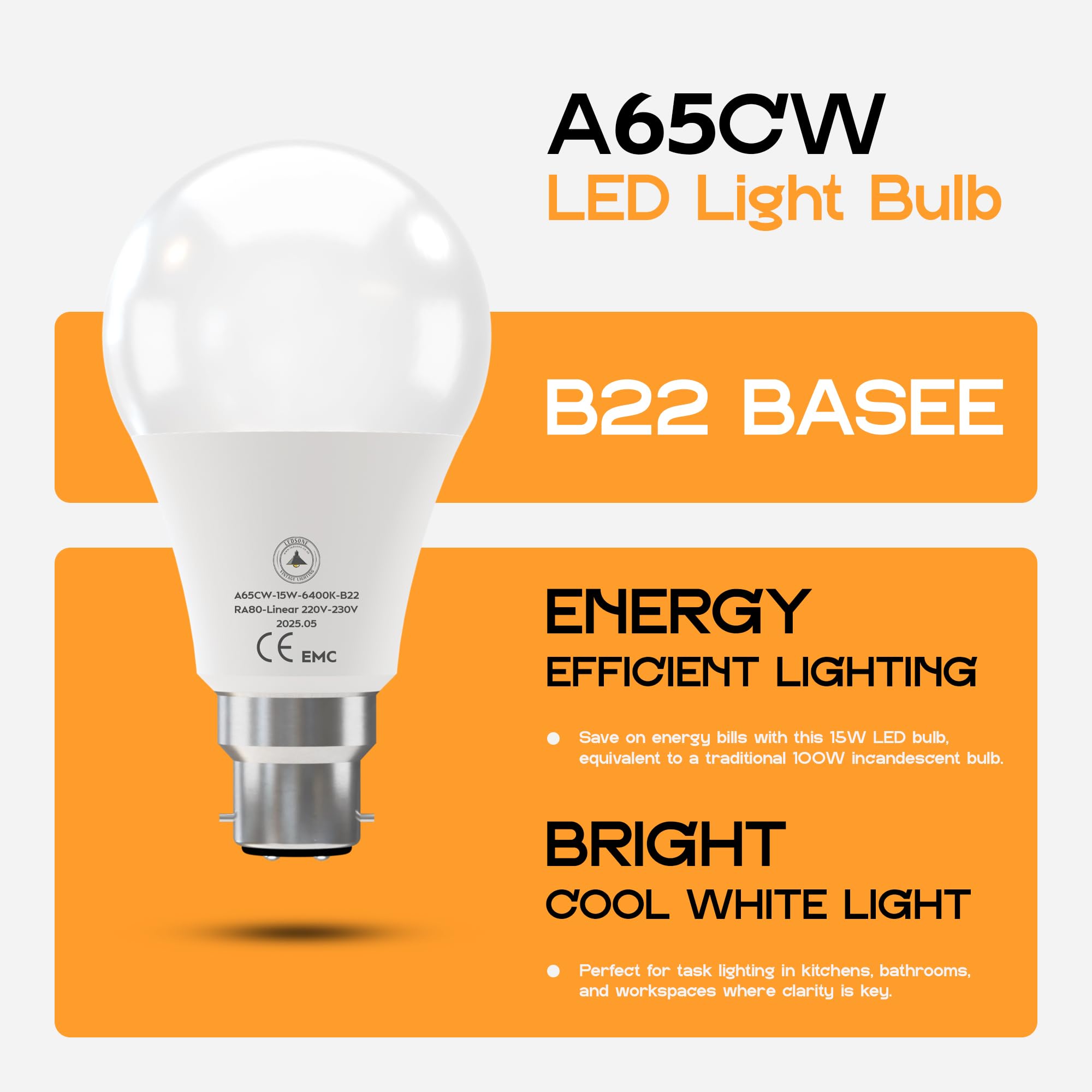 6 Pack LED E27/B22 Bulb 5W-22W Cool White 6400K Non Dimmable ~6294