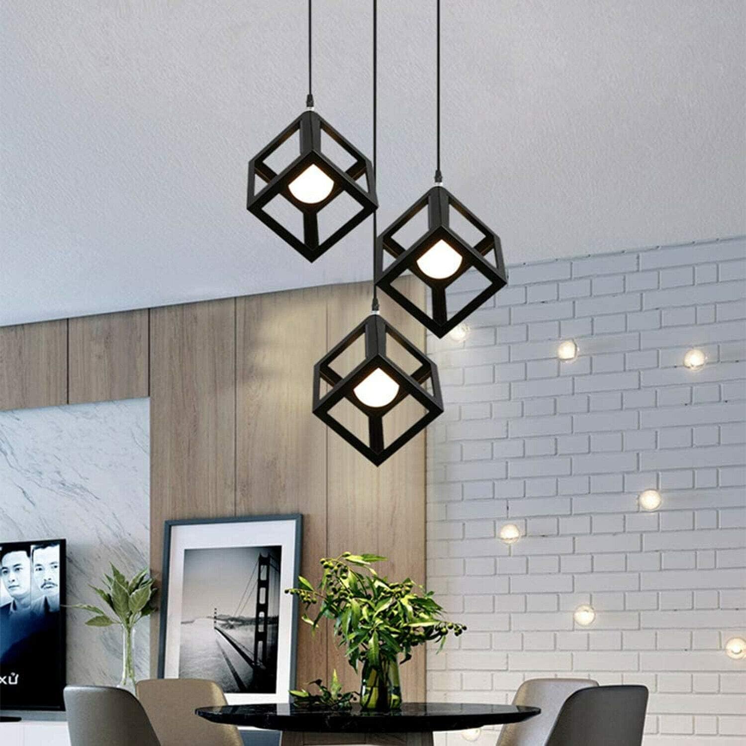 Industrial 3 Head Black Square Wire Cage Bar Pendant Light