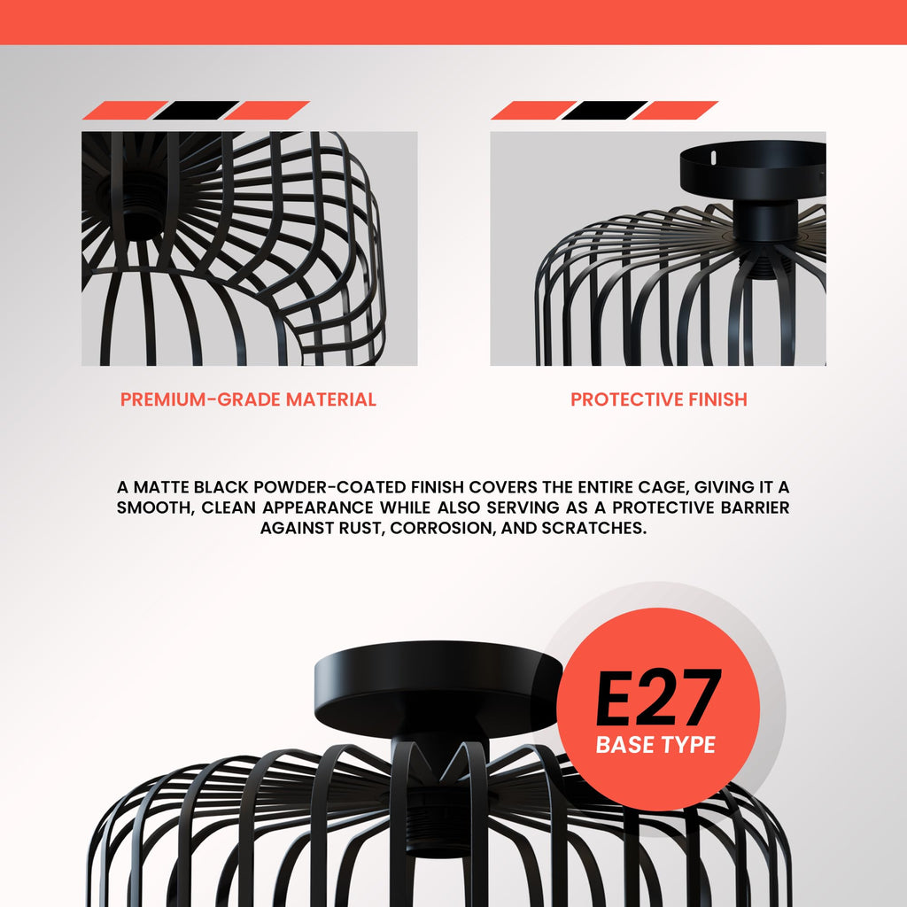 Modern Industrial Black Metal Cage Flush Mount Ceiling Light Fixture E27 Bulb