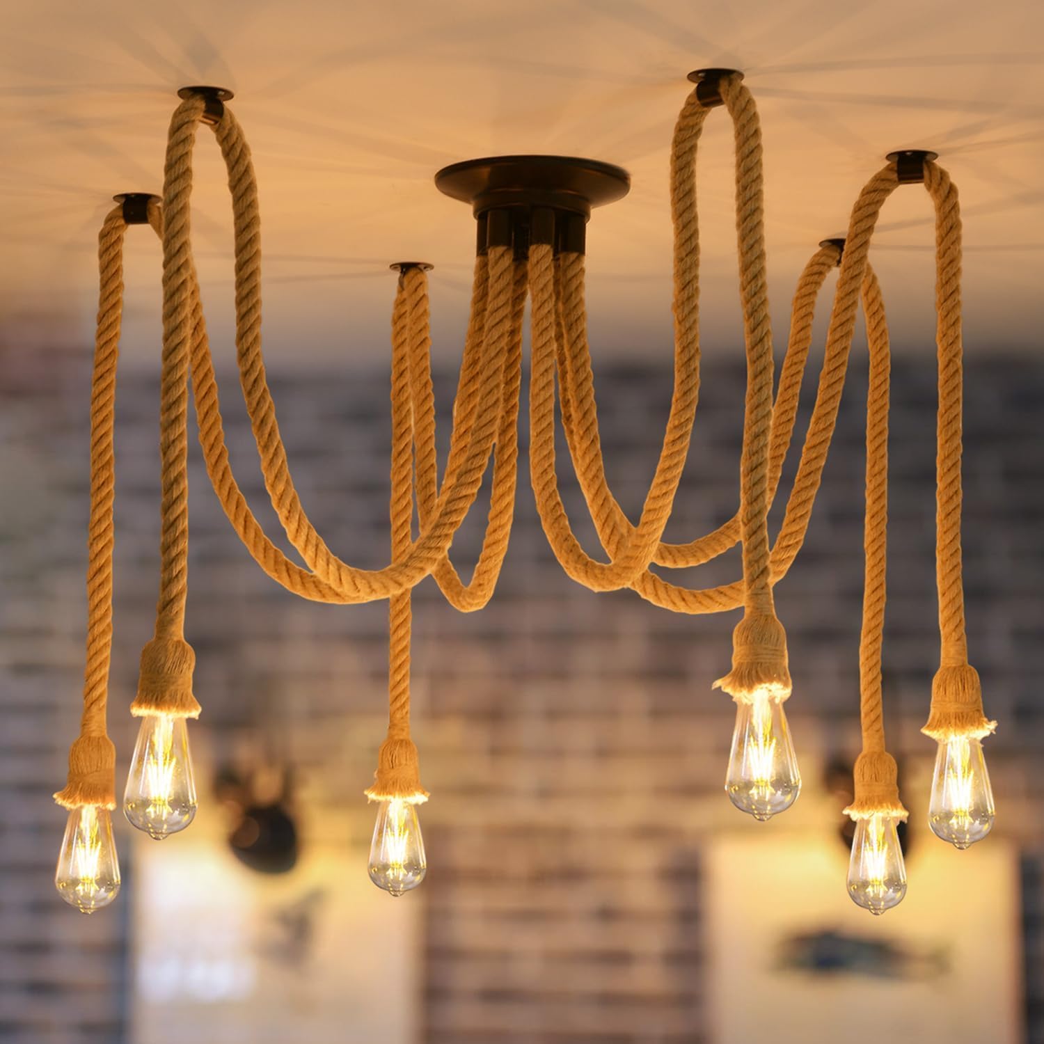 Industrial LED Spider Pendant Light, Adjustable Hemp Rope Cage Design