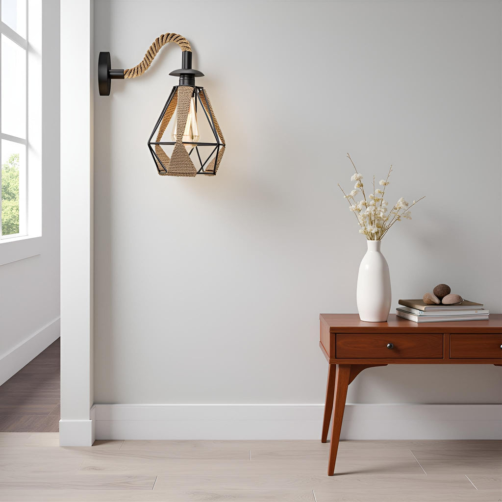 Retro Hemp Rope Wall Sconce | Rustic E27 Metal Shade ~6308