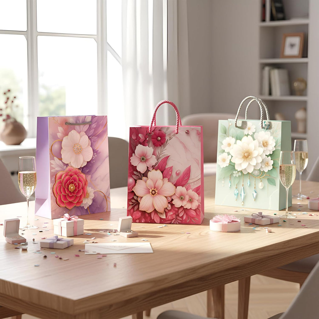 Premium Floral Gift Bags, 12-Pack Assorted Sizes, Matte Finish, Durable Handles
