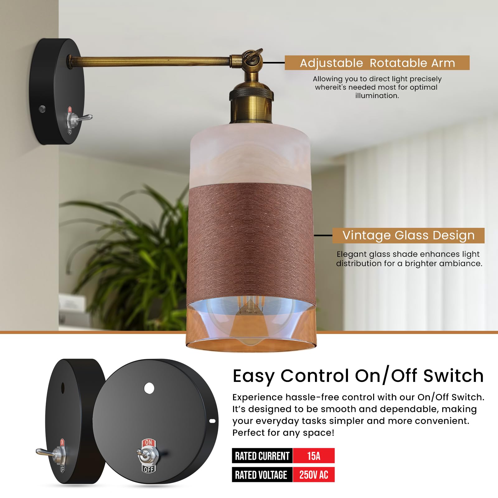 E27 Glass Wall Light With Switch ~6193