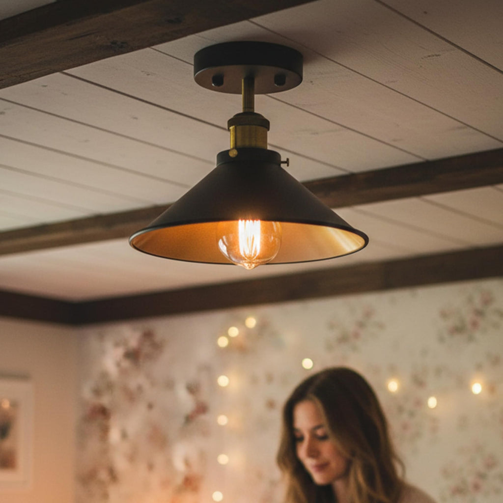Black Industrial Metal Flush Mount Cone Ceiling Light Fitting