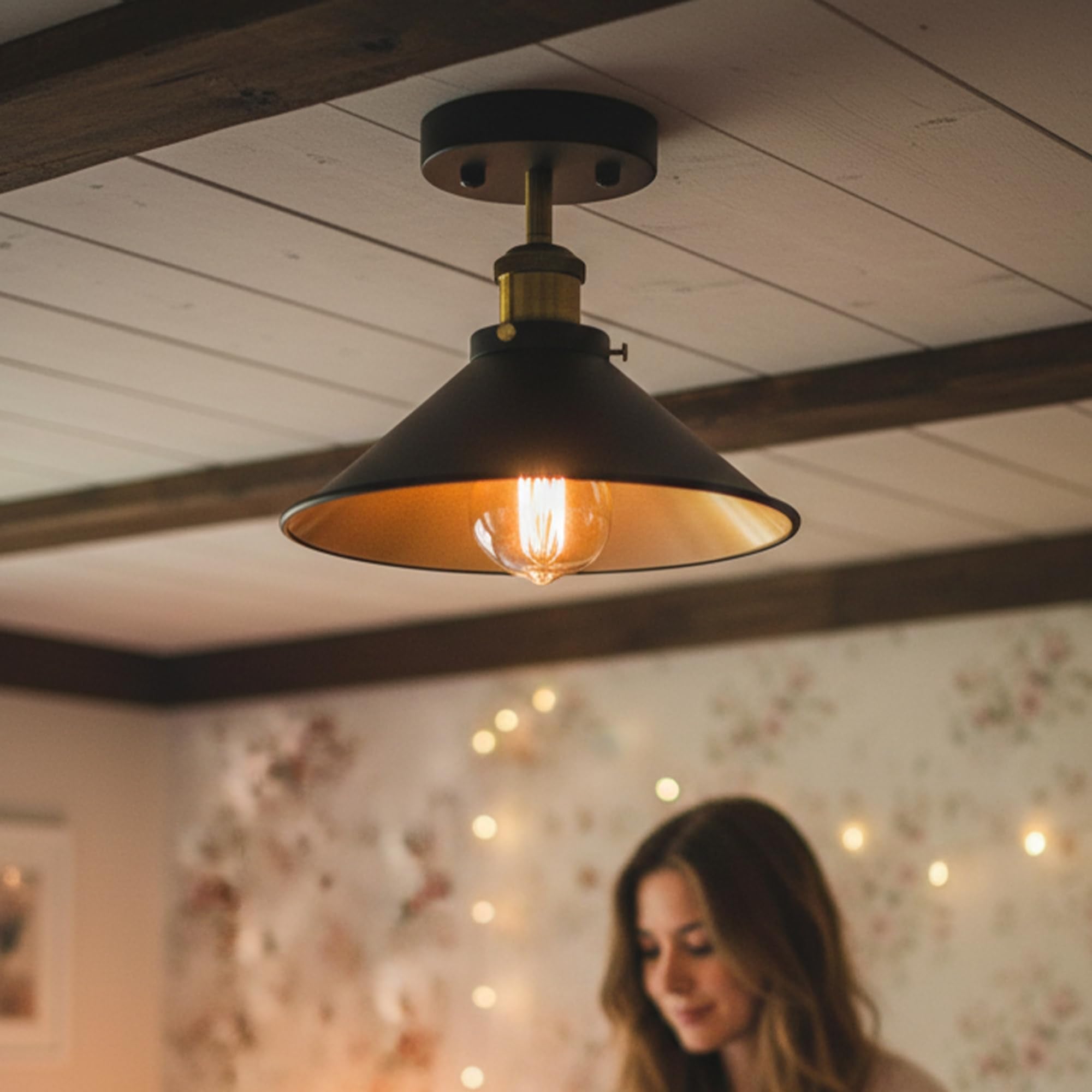 Black Industrial Metal Flush Mount Cone Ceiling Light Fitting