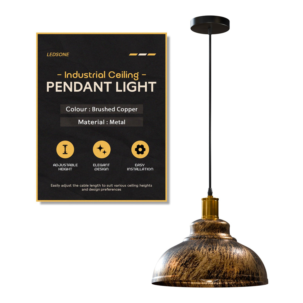 Industrial Metal Dome Pendant Light Fixture, E27 Base, Adjustable Cord, 11-inch