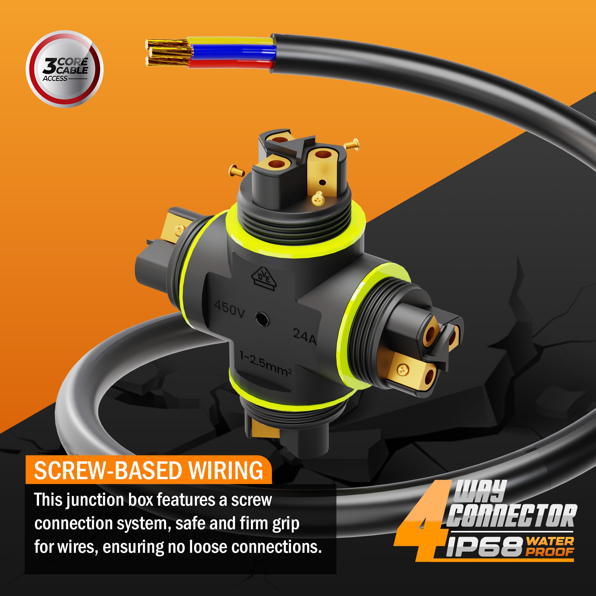 Outdoor Waterproof 3-Pin Electrical Cable Connector IP68 Junction Box