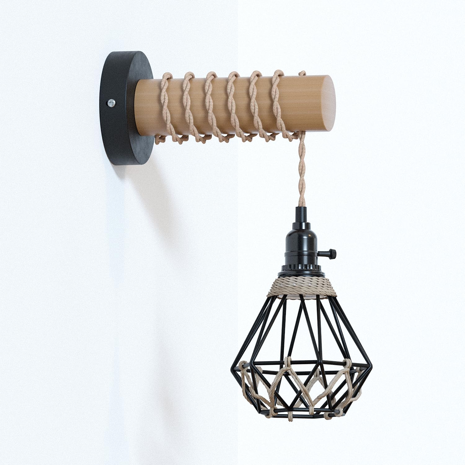 Farmhouse Rustic Industrial Wall Sconce Light Fixture with Metal Cage & Wood