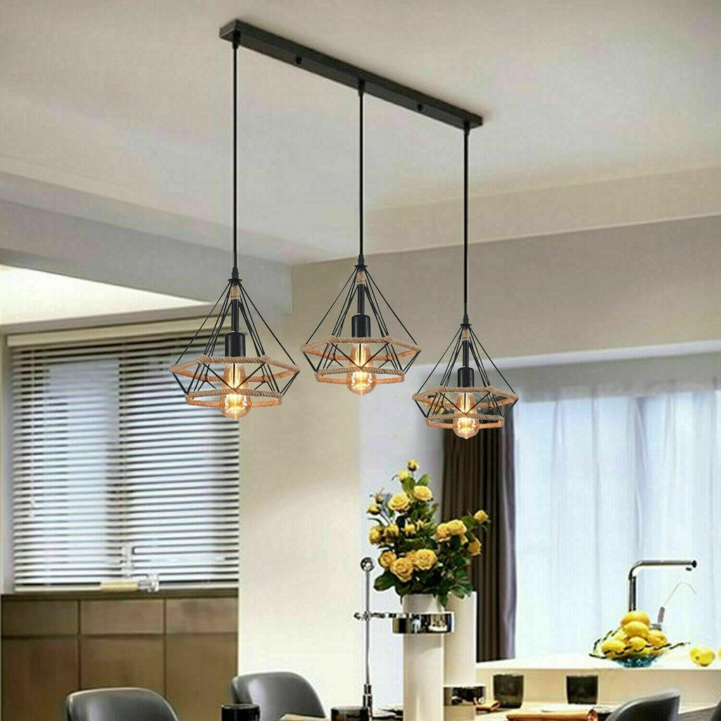 Vintage Industrial Black Metal Hemp Rope 3-Head Pendant Light Fixture