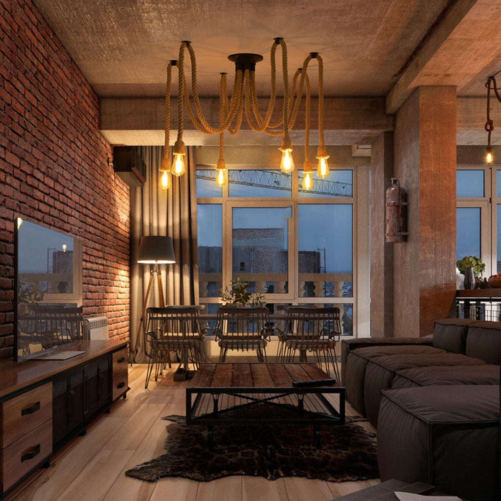 Industrial LED Spider Pendant Light, Adjustable Hemp Rope Cage Design